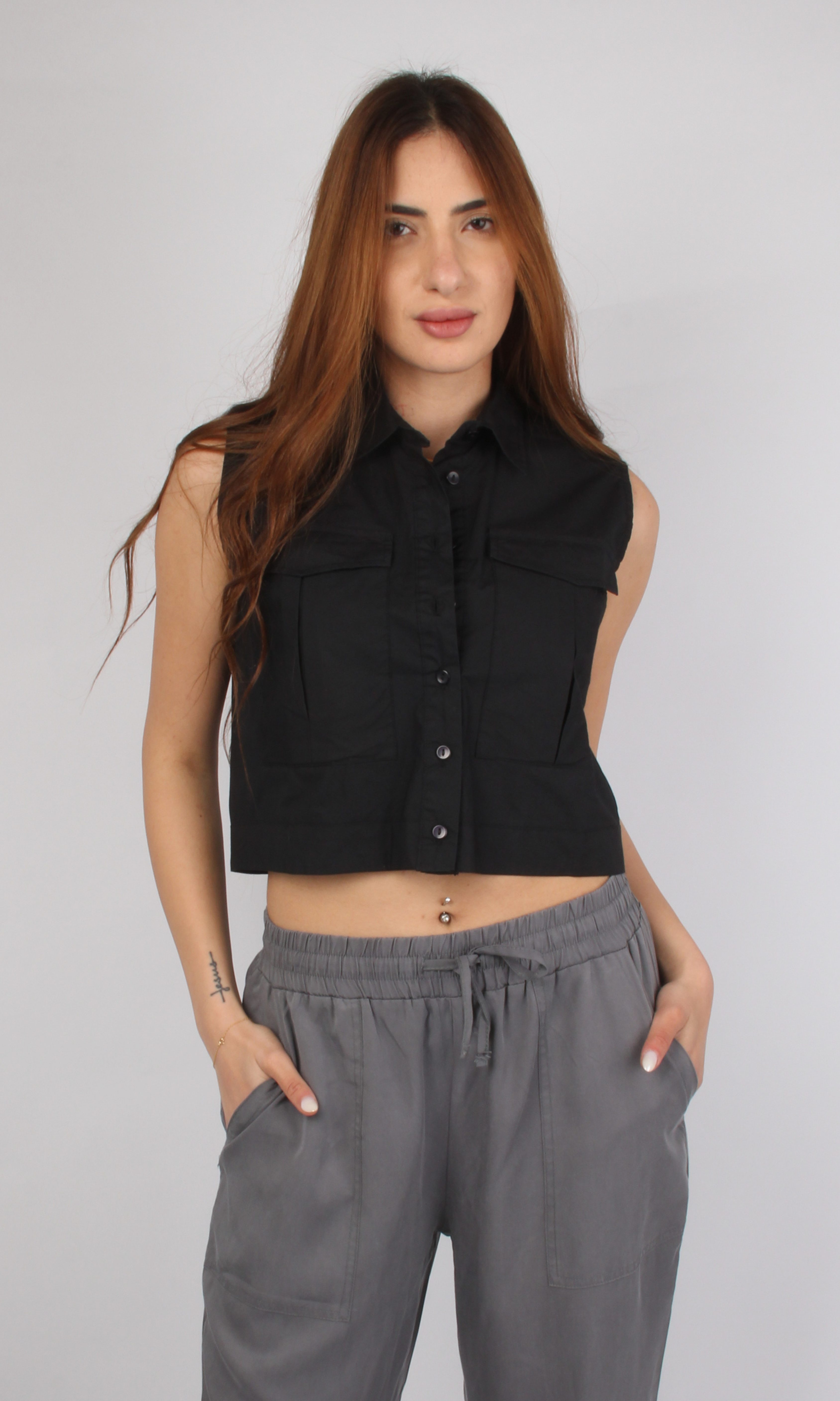 Women Sleeveless Crop Shirt Oversized