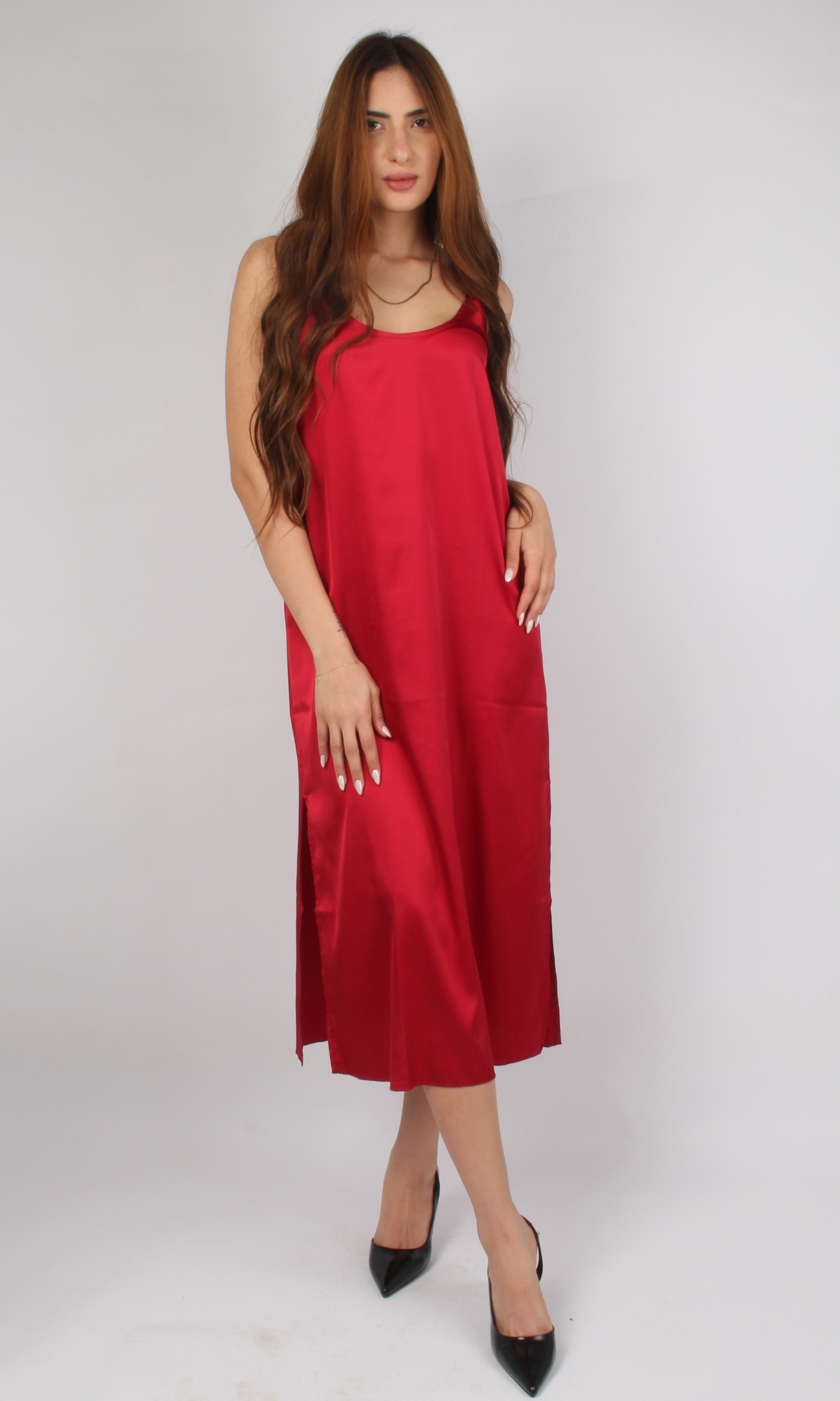 Women Satin Slip Dress (Red)