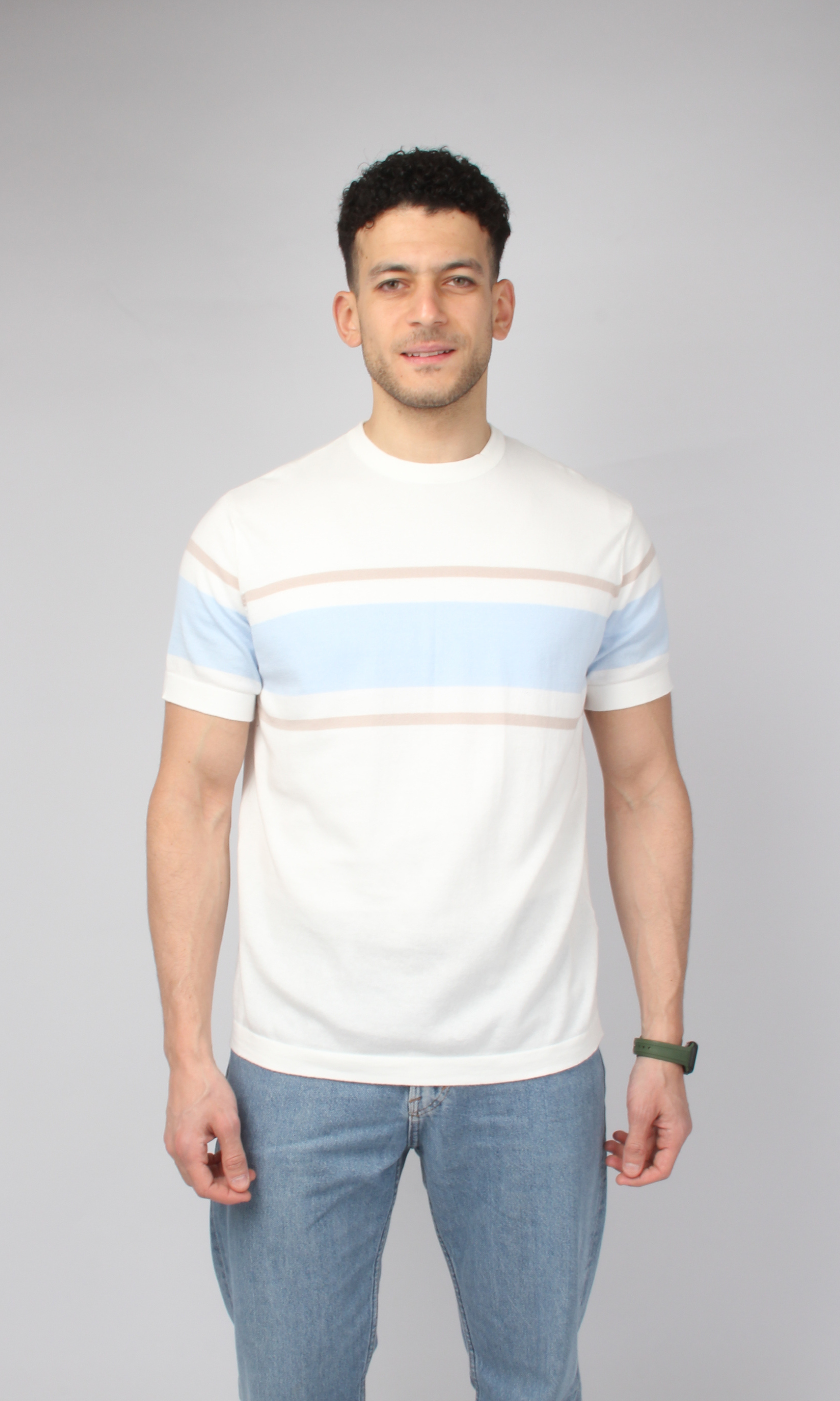 Men Knitted Striped T-Shirt (White)