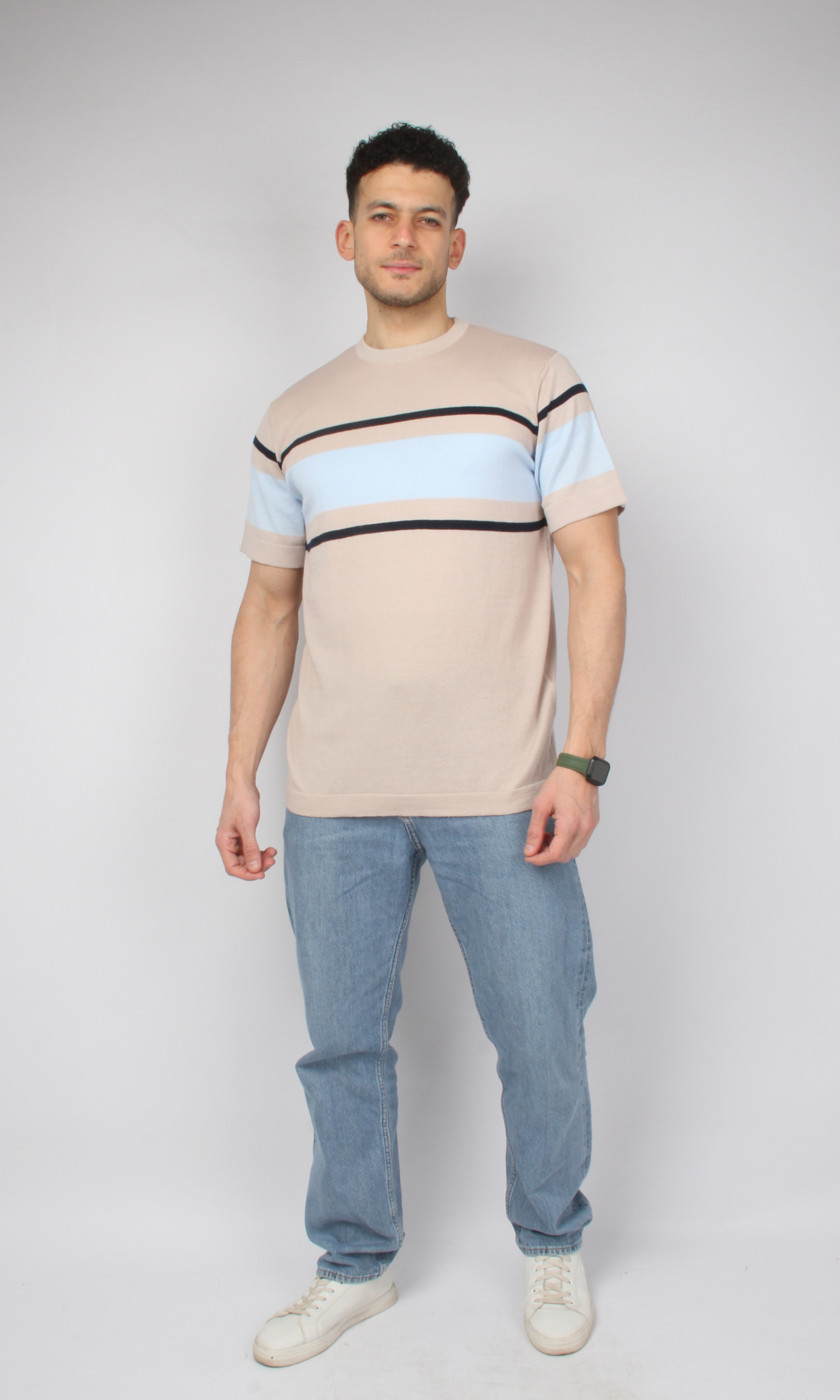 Men Knitted Striped T-Shirt (Beige)