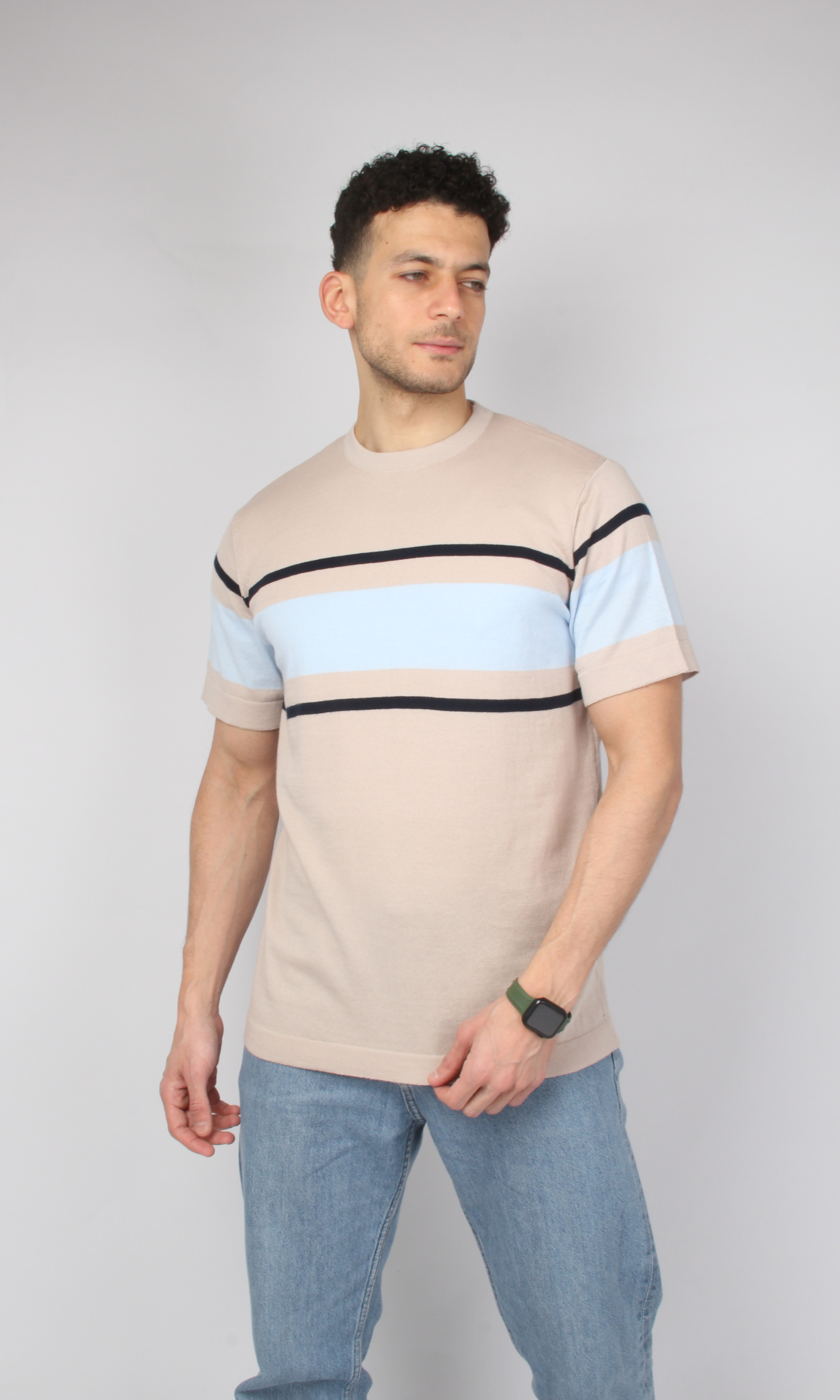 Men Knitted Striped T-Shirt (Beige)