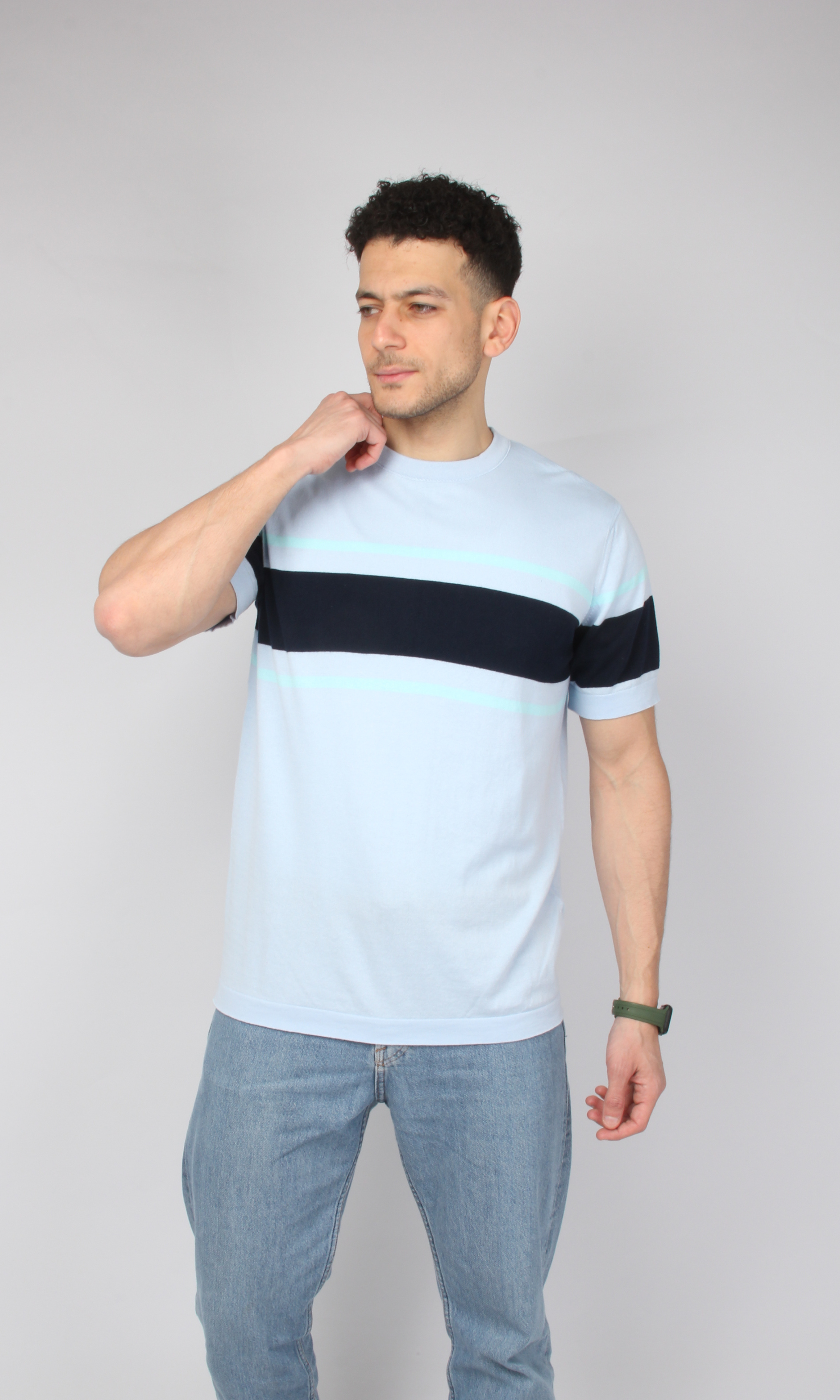 Men Knitted Striped T-Shirt (Baby Blue)