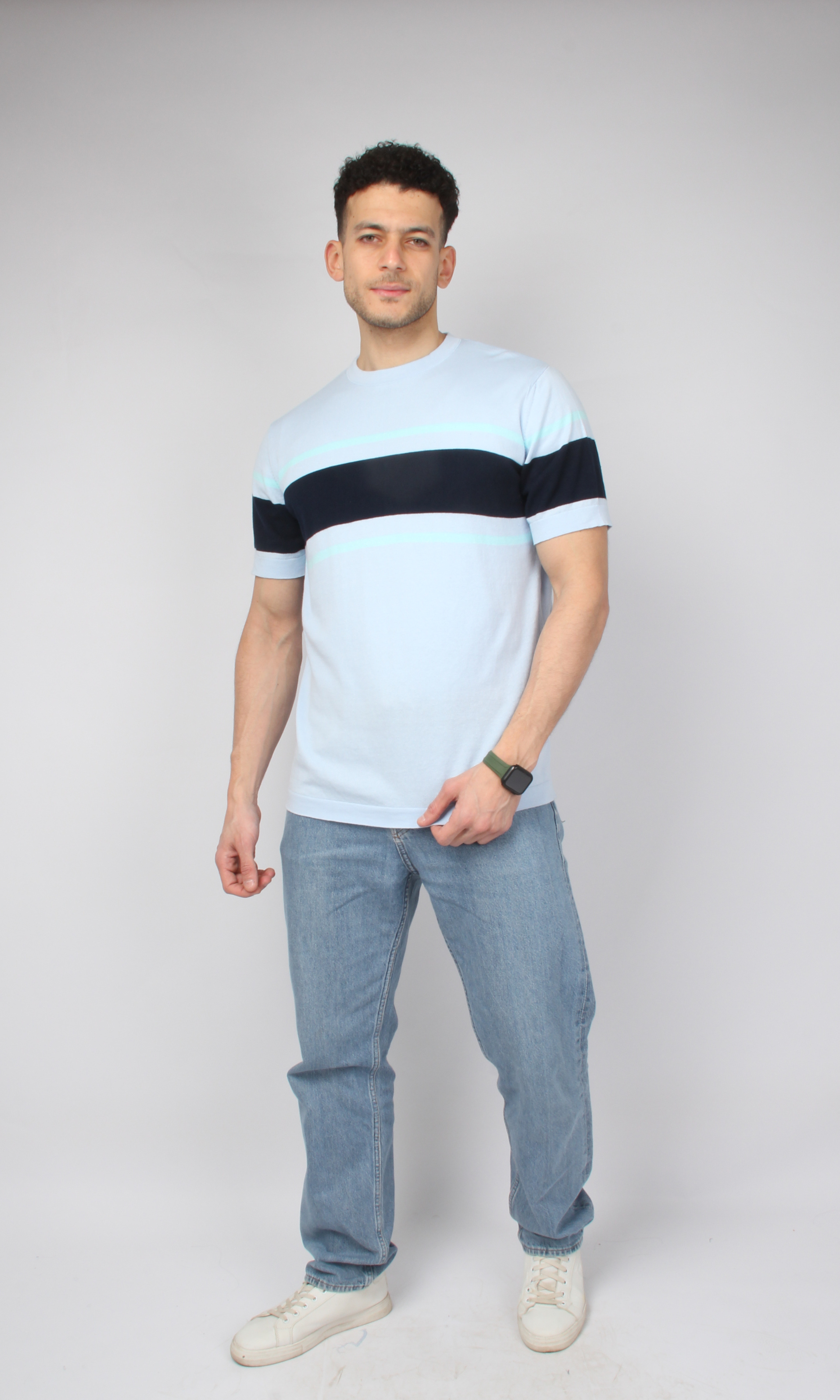 Men Knitted Striped T-Shirt (Baby Blue)