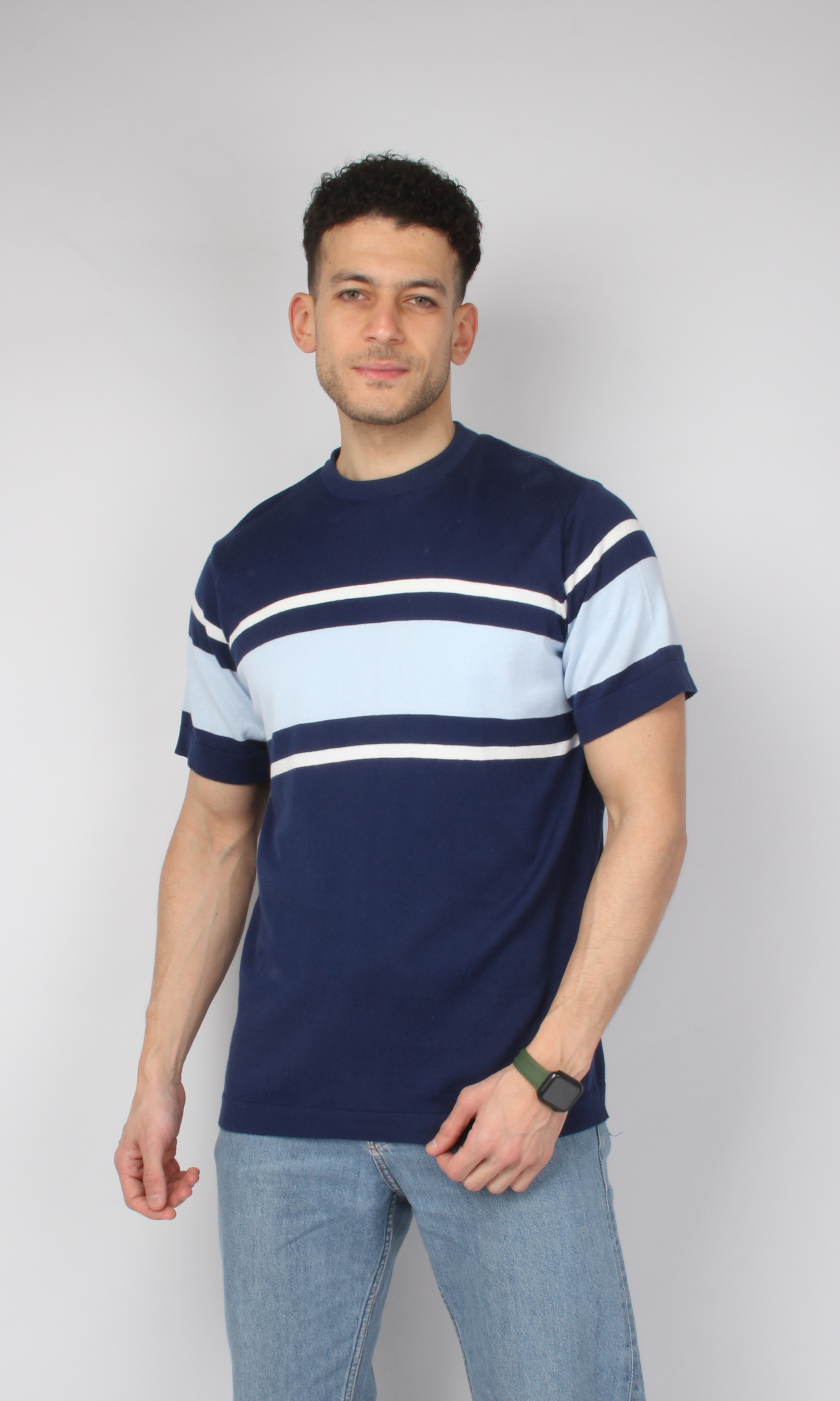 Men Knitted Striped T-Shirt (Navy)