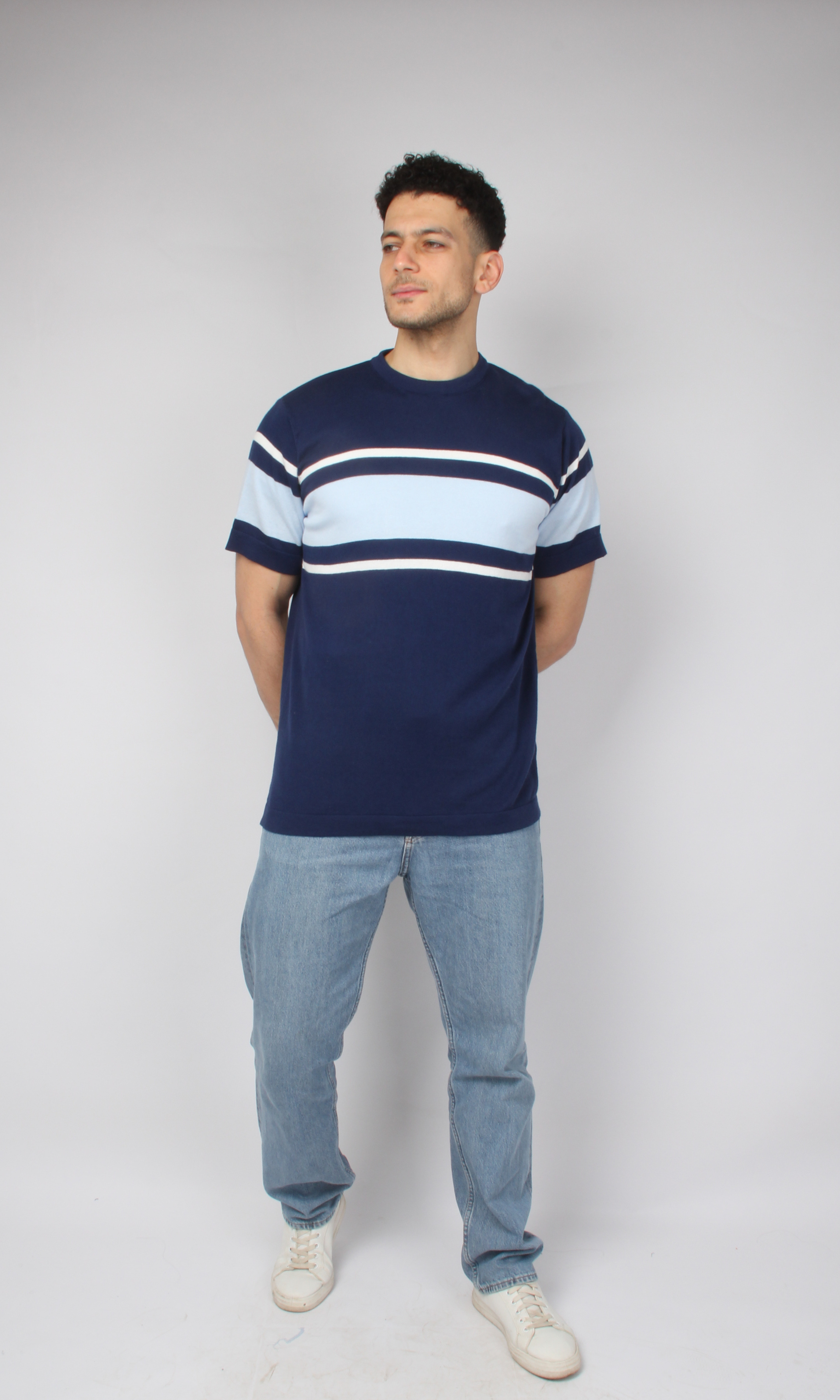 Men Knitted Striped T-Shirt (Navy)