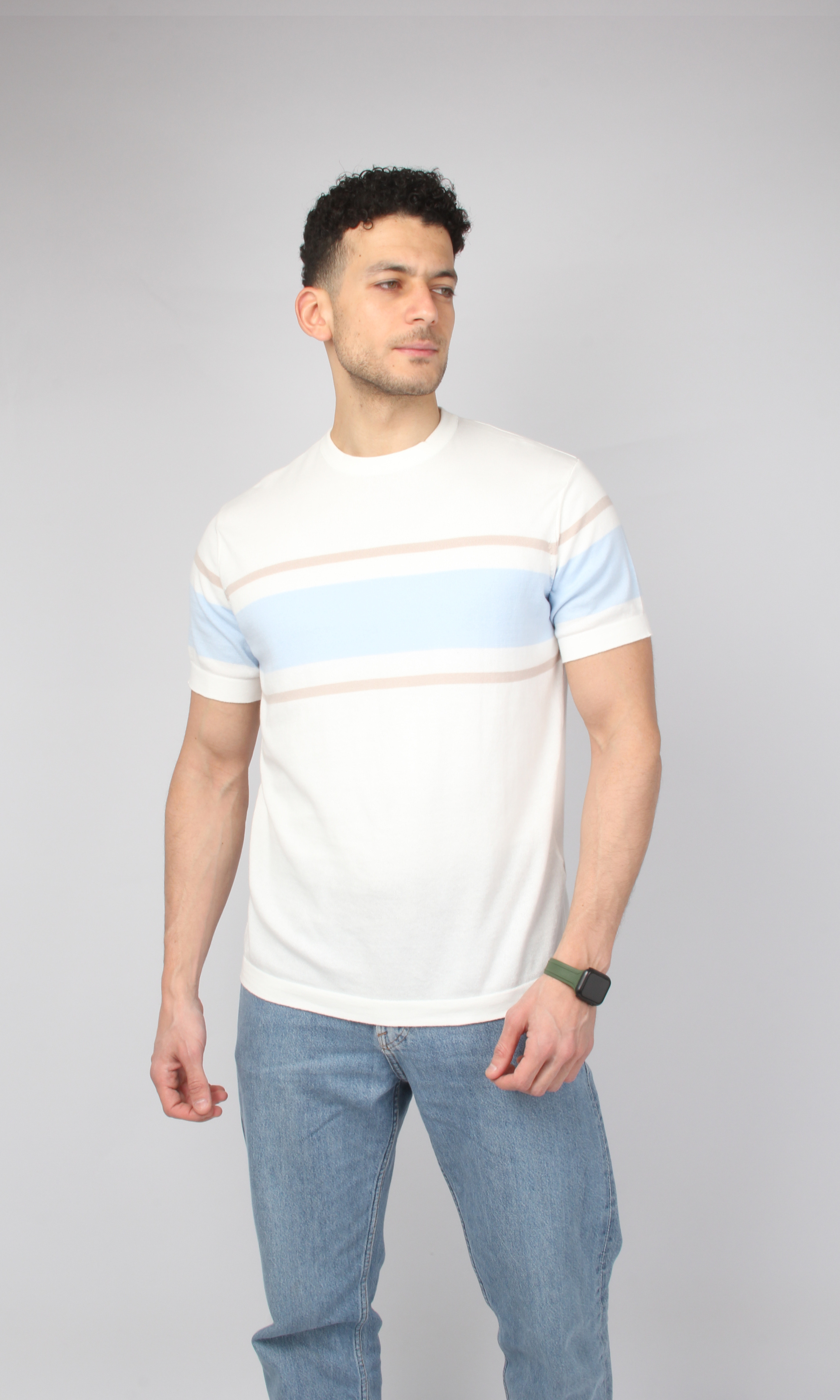Men Knitted Striped T-Shirt (White)