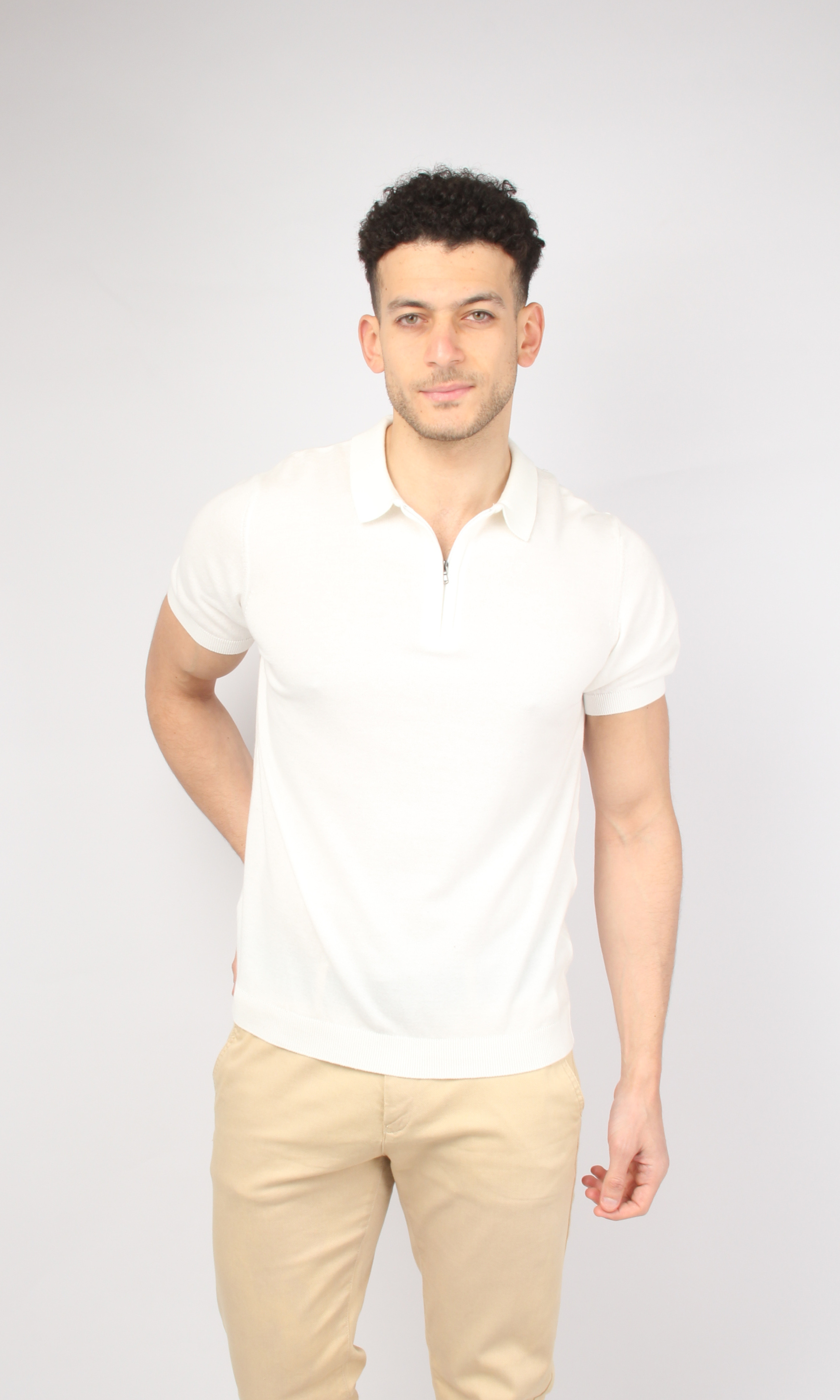 Men Half Zipper Polo Shirt (White)