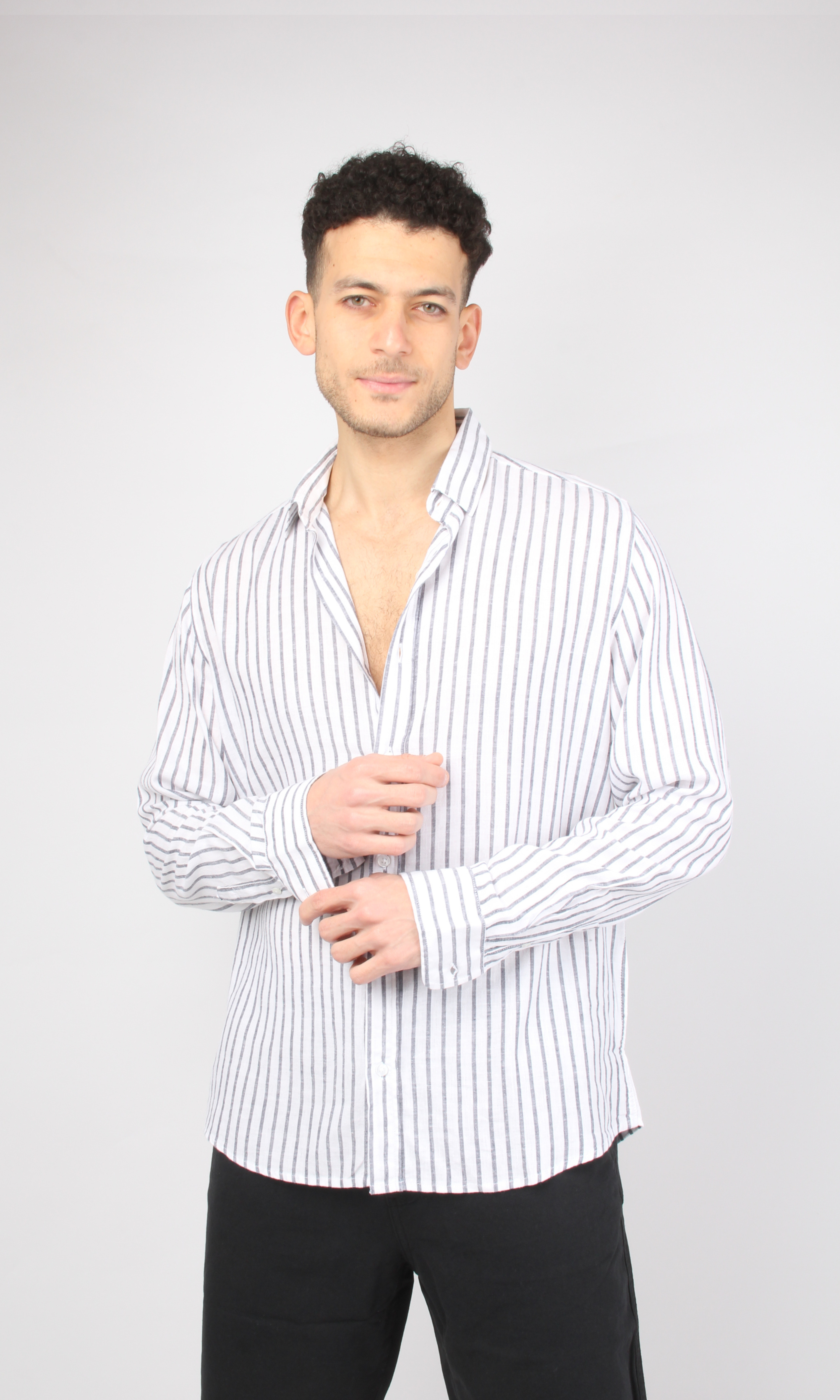 Men Full Buttons Linen Shirt (White*Grey)