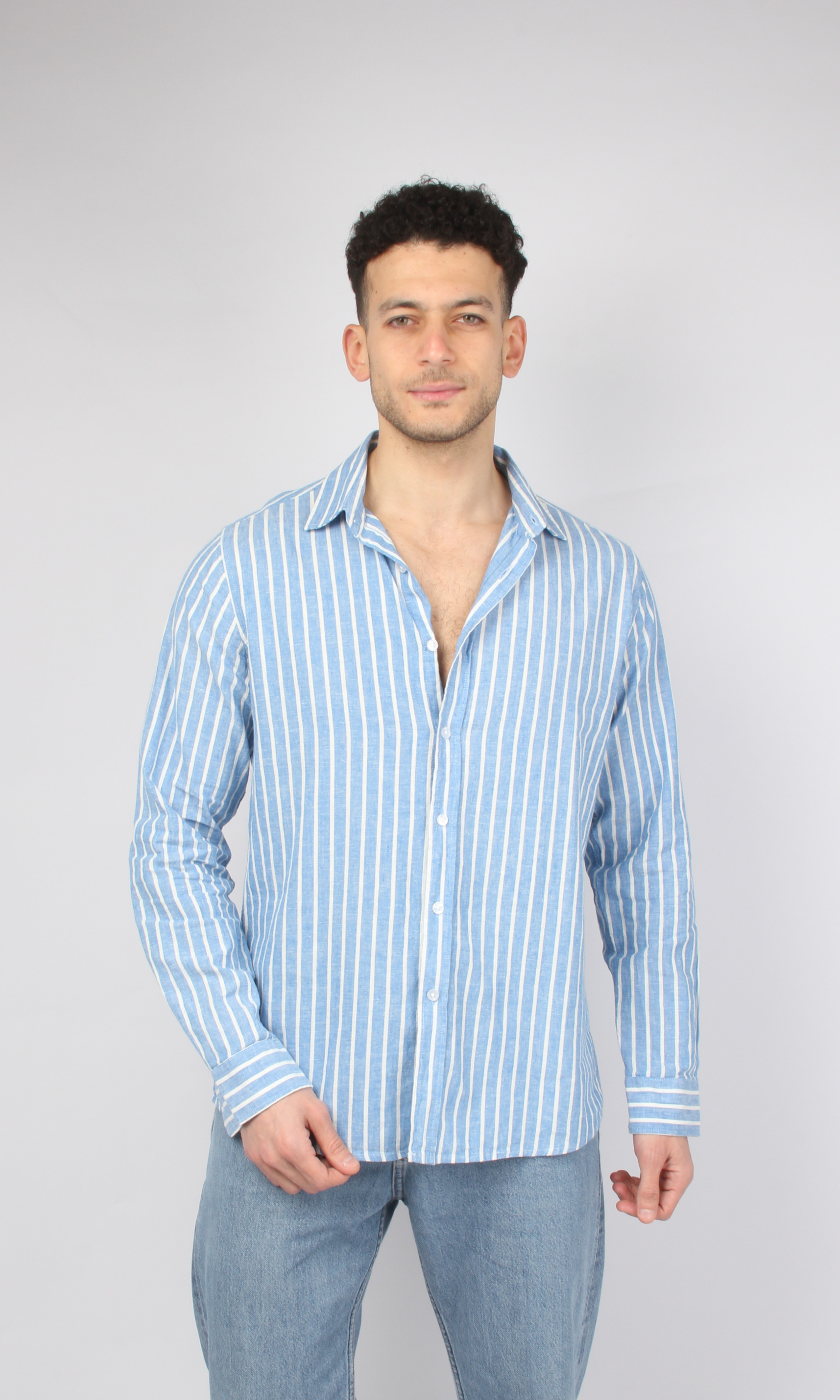 Men Full Buttons Linen Shirt (White*Blue)