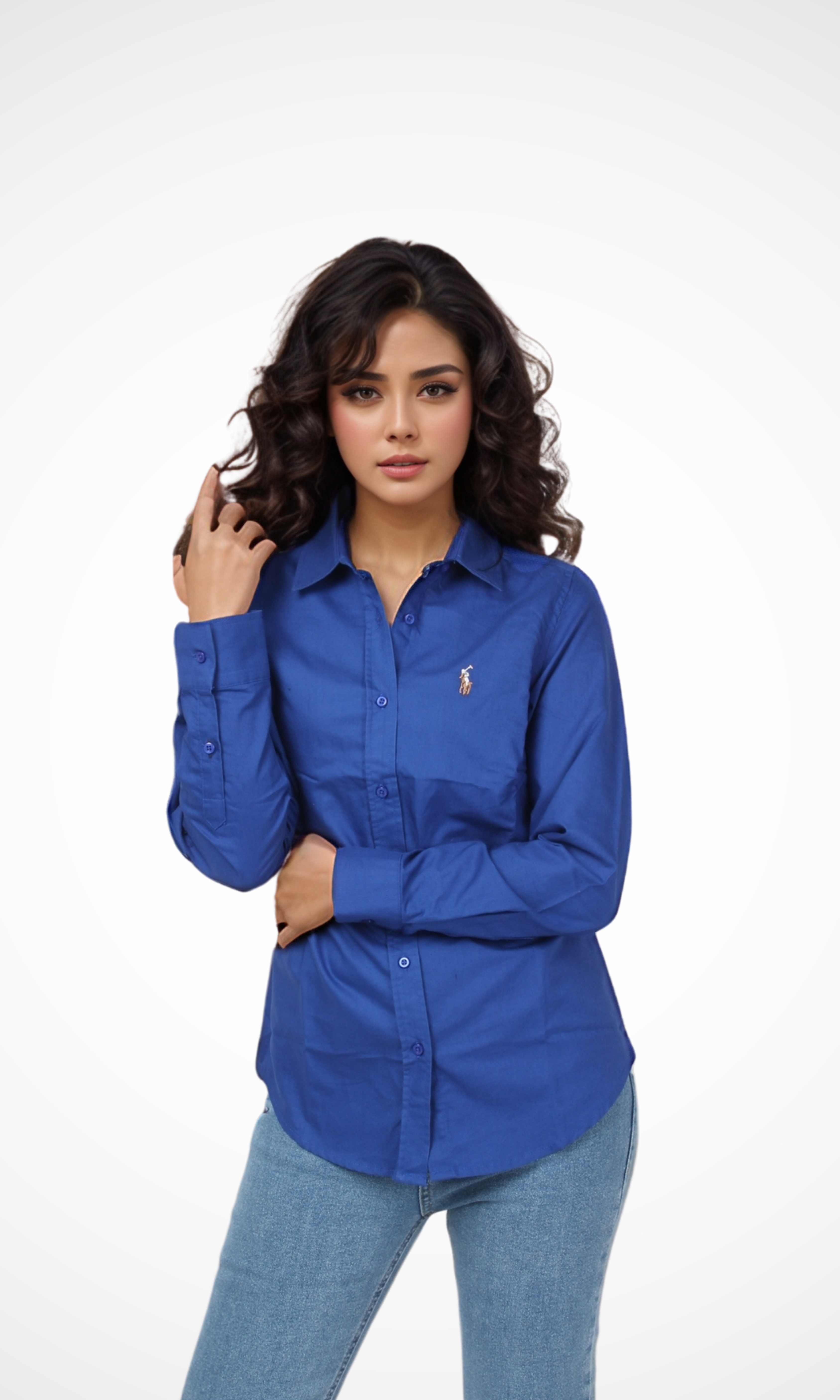 Women Slim Fit Knit Cotton Oxford Shirt (Blue)