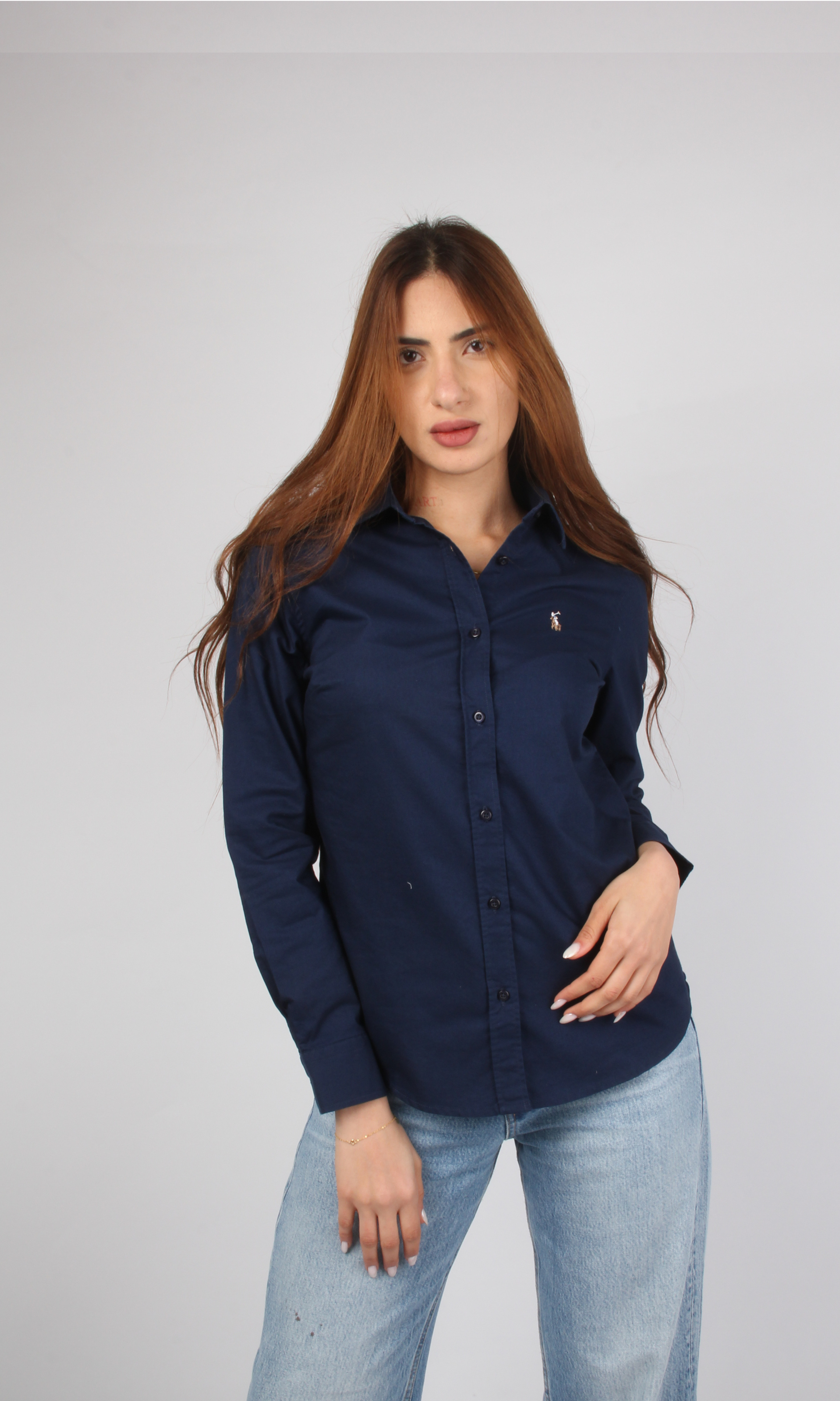 Women Slim Fit Knit Cotton Oxford Shirt (Navy Blue)