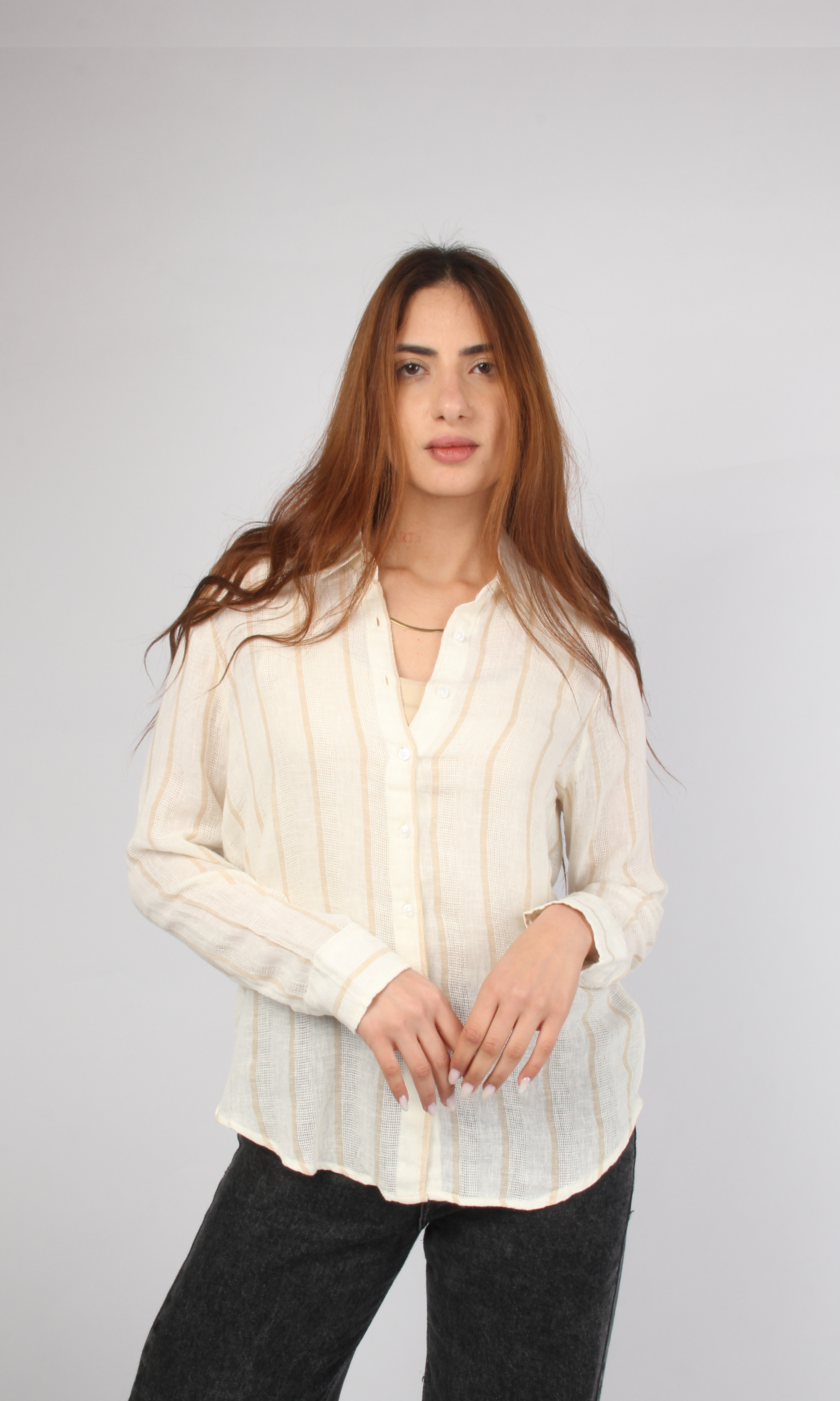 Women Linen Stripe Shirt (White*Beige)