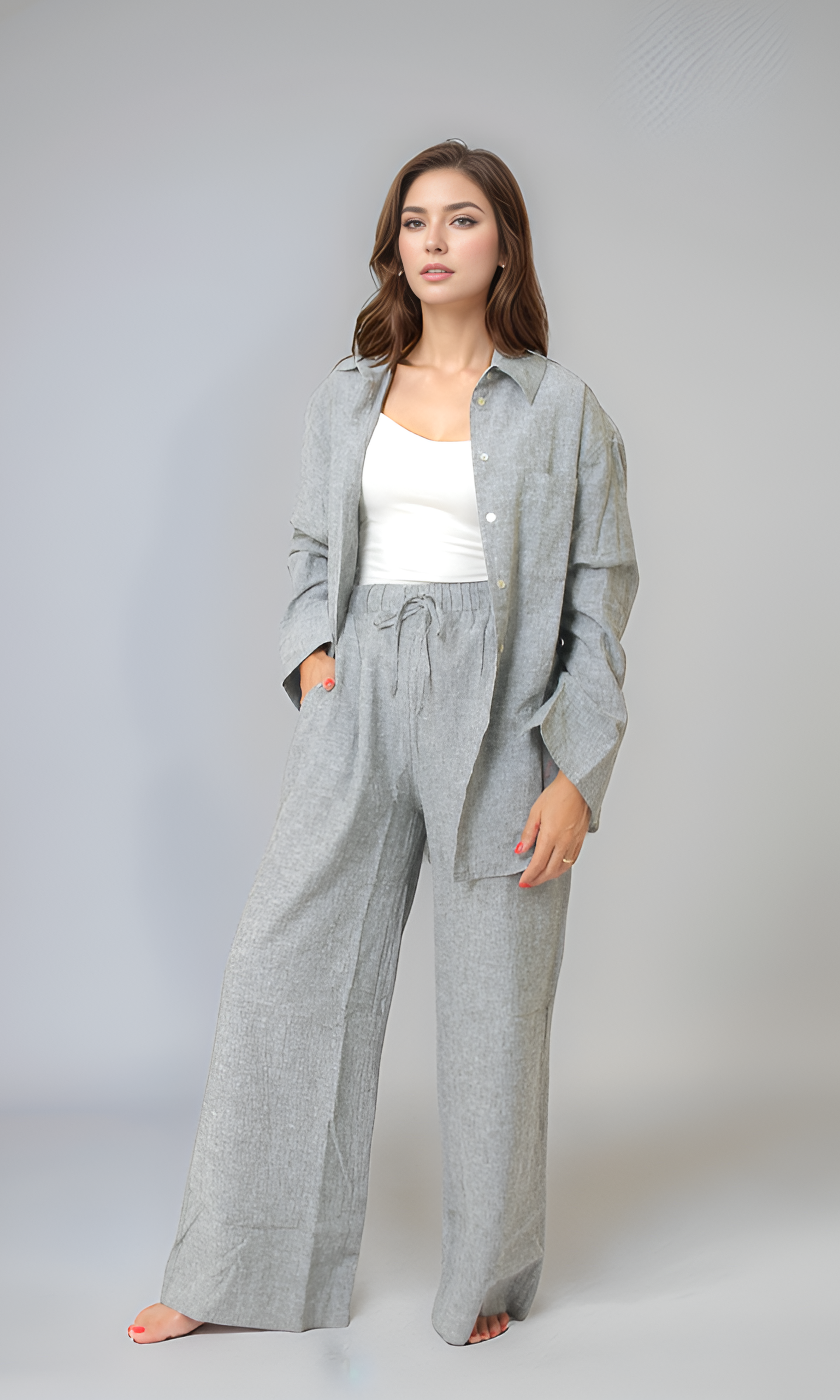 Women Linen Casual Set (Green*Grey) - Main Image