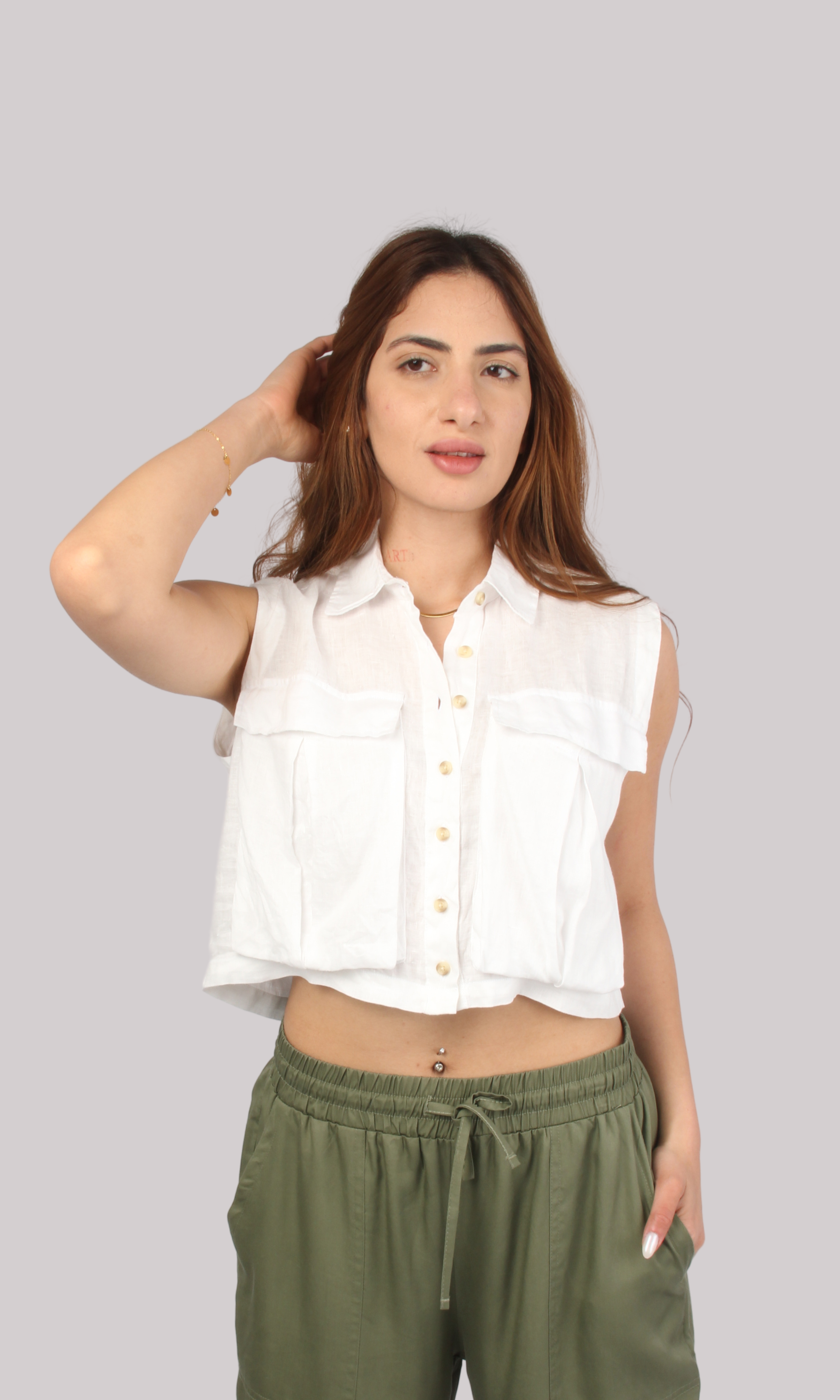 Women Linen Crop Shirt With Cargo Pockets