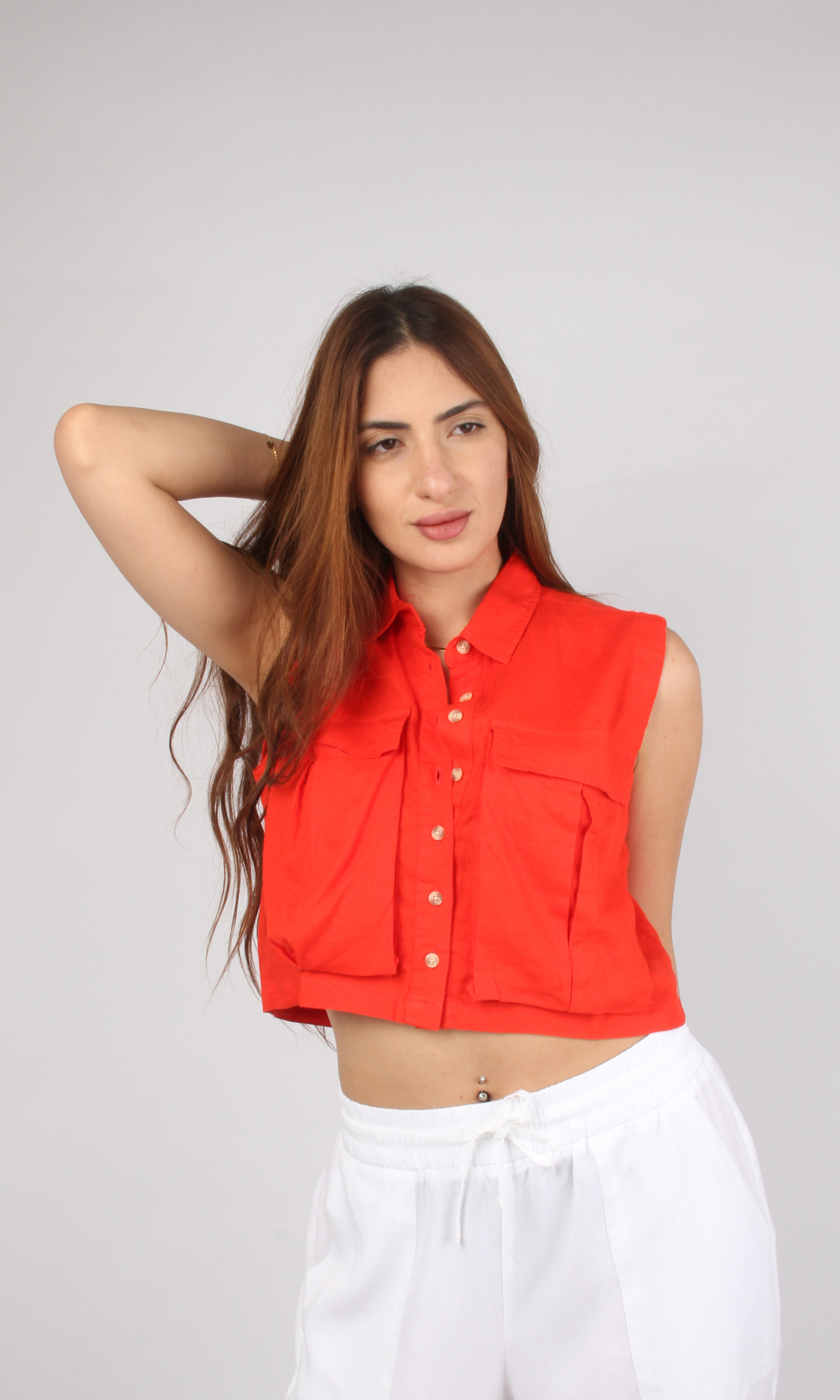 Women Linen Crop Shirt With Cargo Pockets