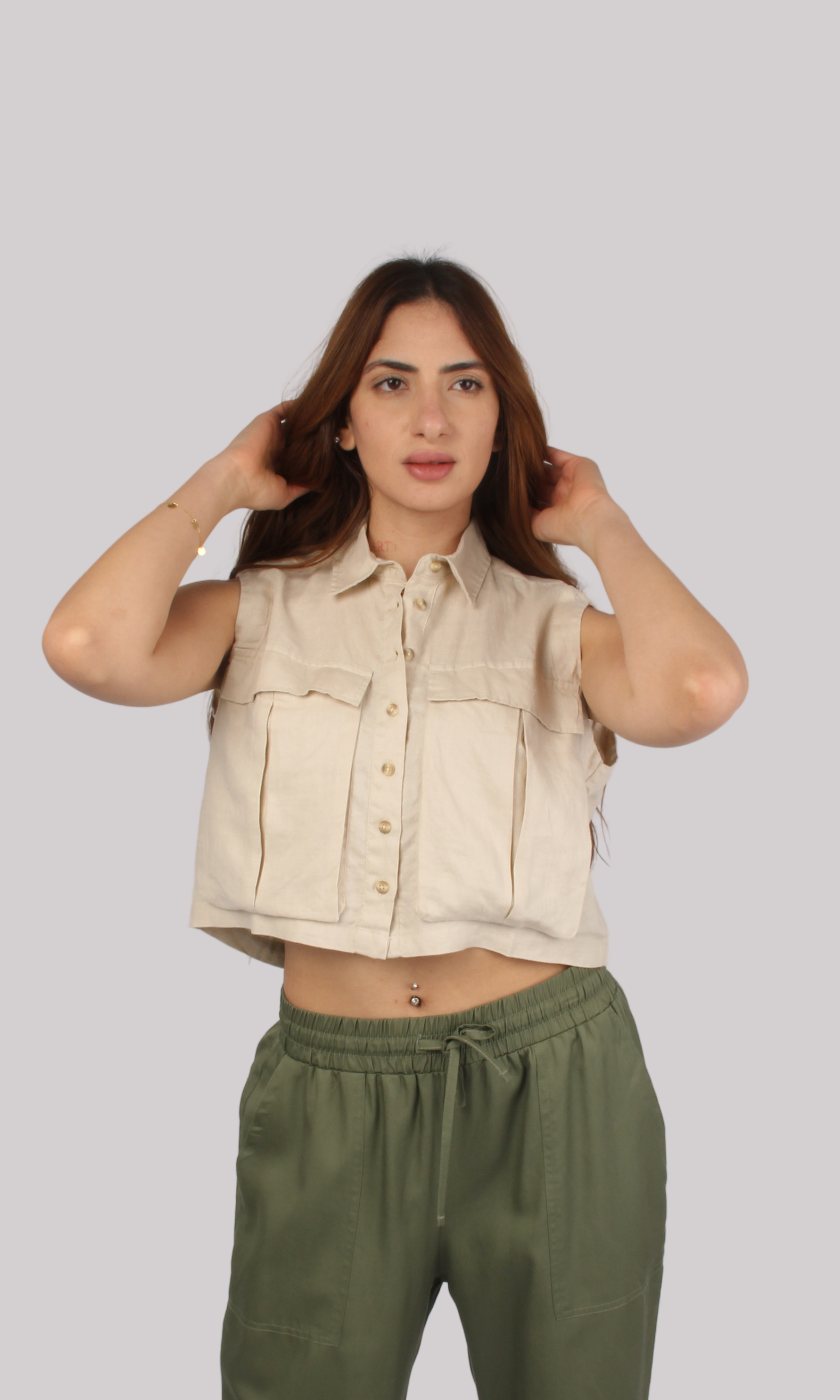 Women Linen Crop Shirt With Cargo Pockets