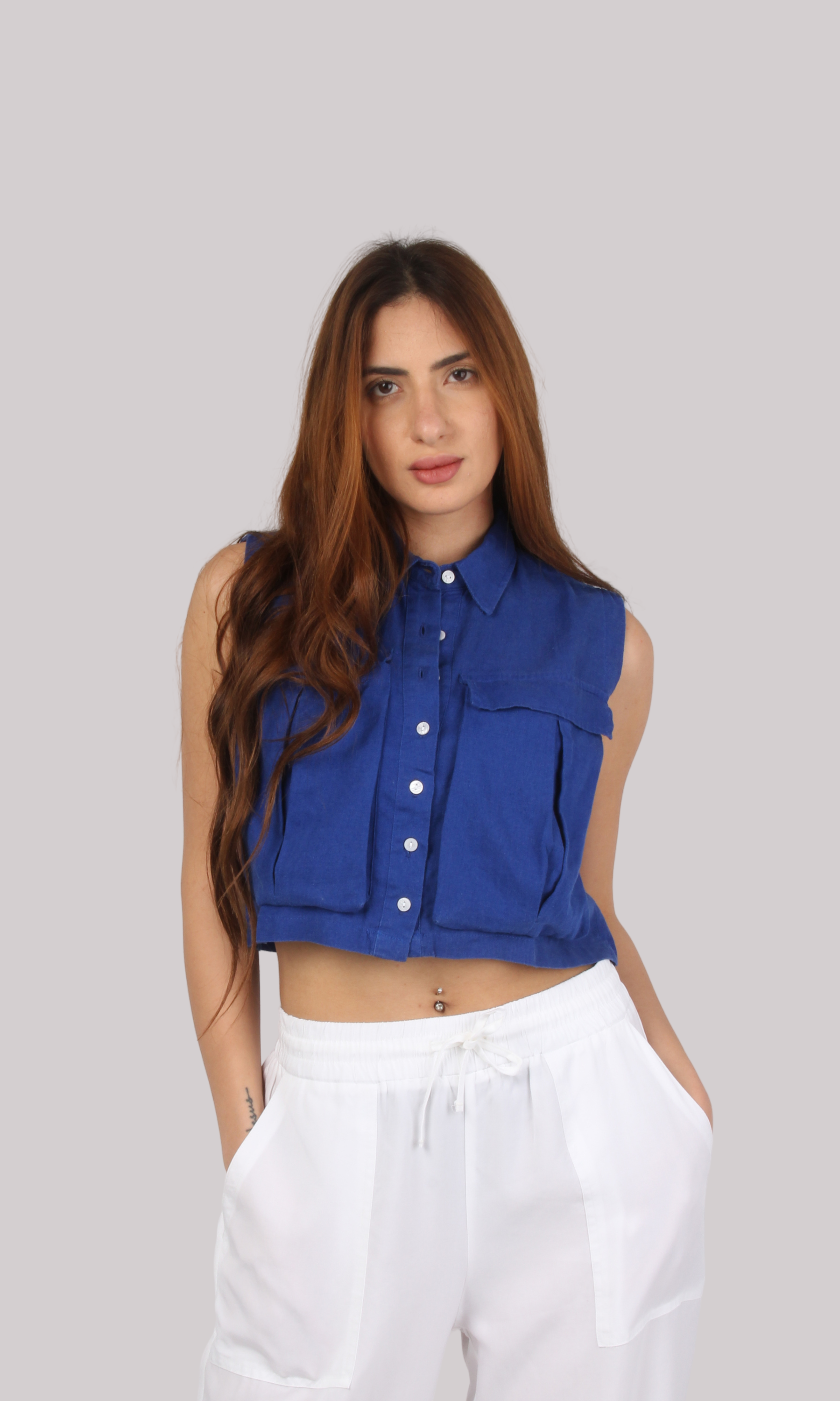 Women Linen Crop Shirt With Cargo Pockets