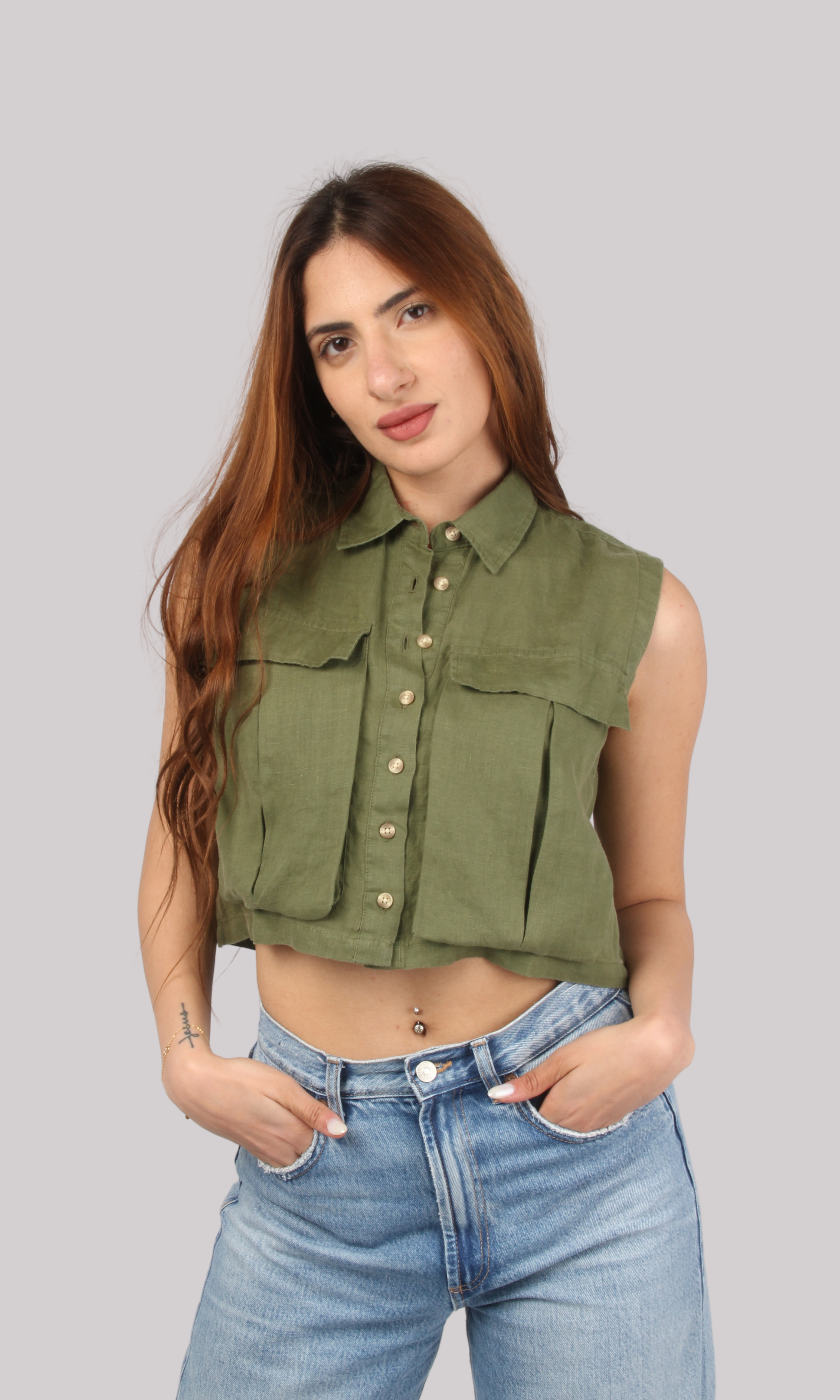 Women Linen Crop Shirt With Cargo Pockets
