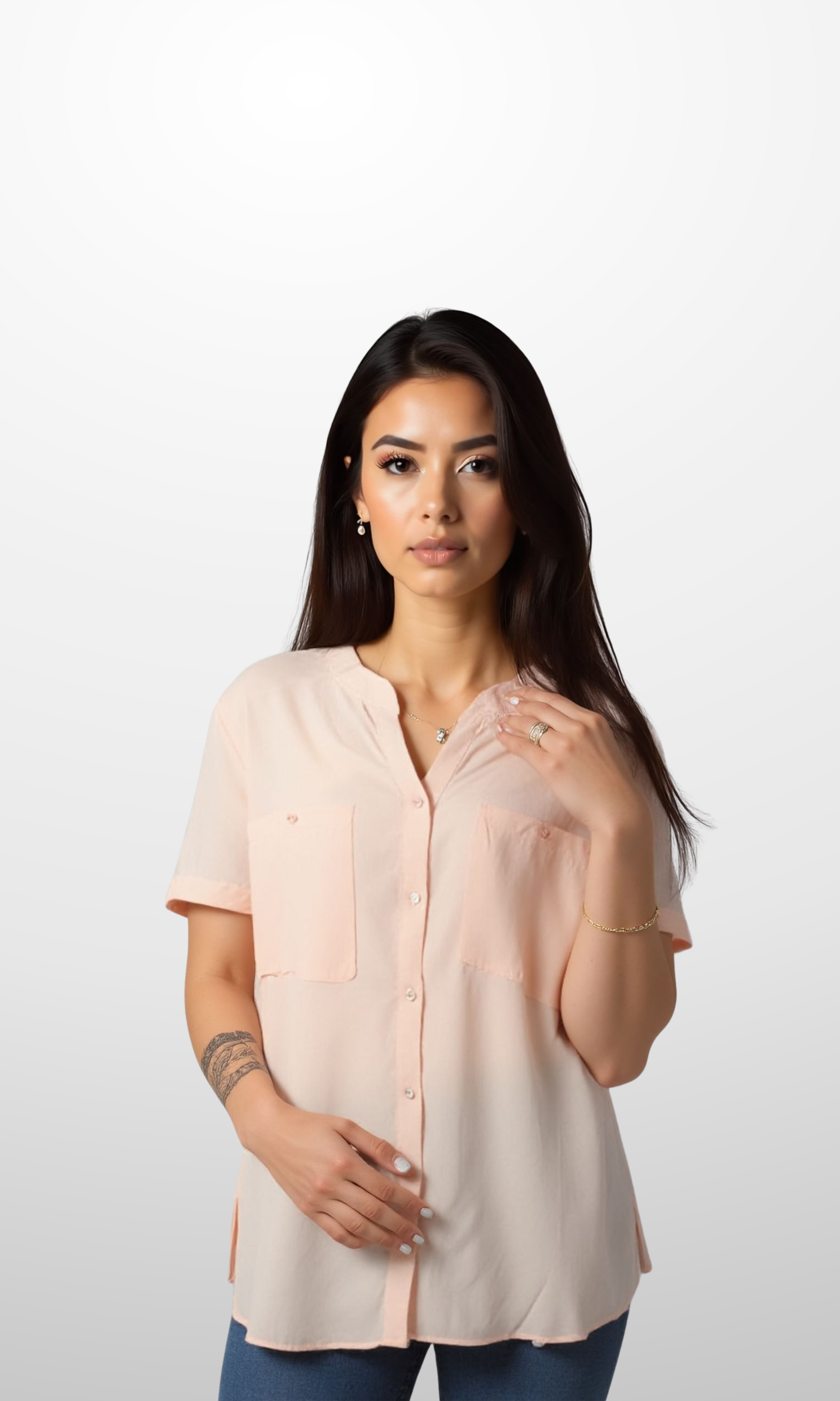 Women Blouse with Chest Pocket V Collar (Light Peach)