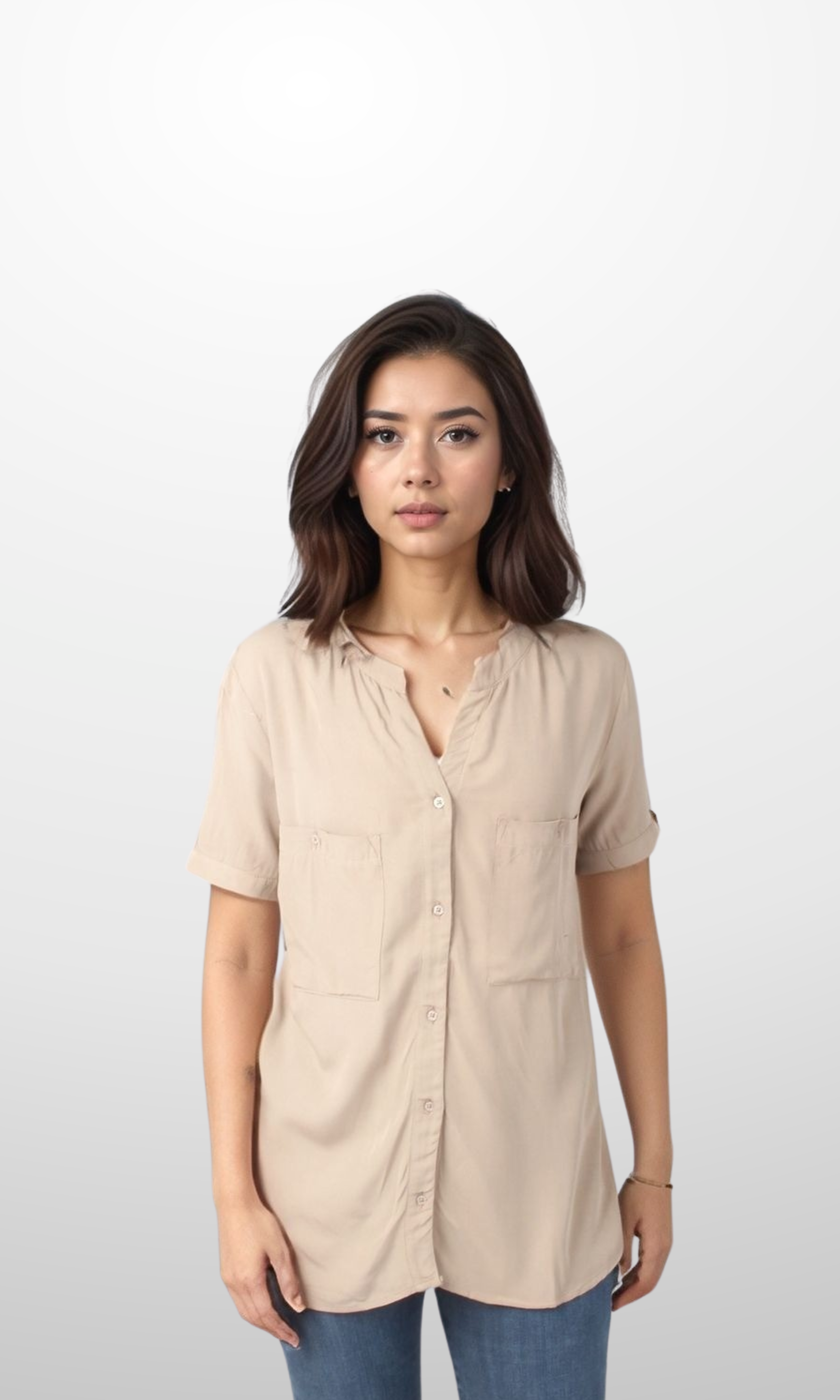 Women Blouse with Chest Pocket V Collar (Café)