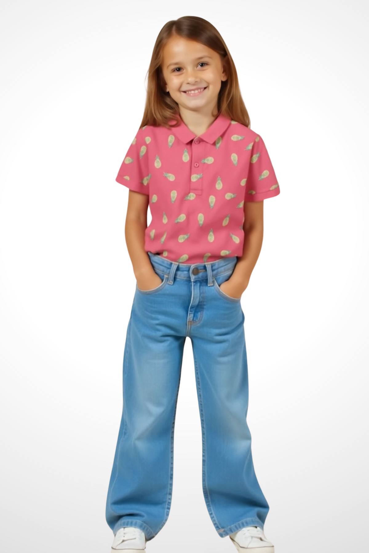 Kids Print Polo T-shirt For Girls (Pink)