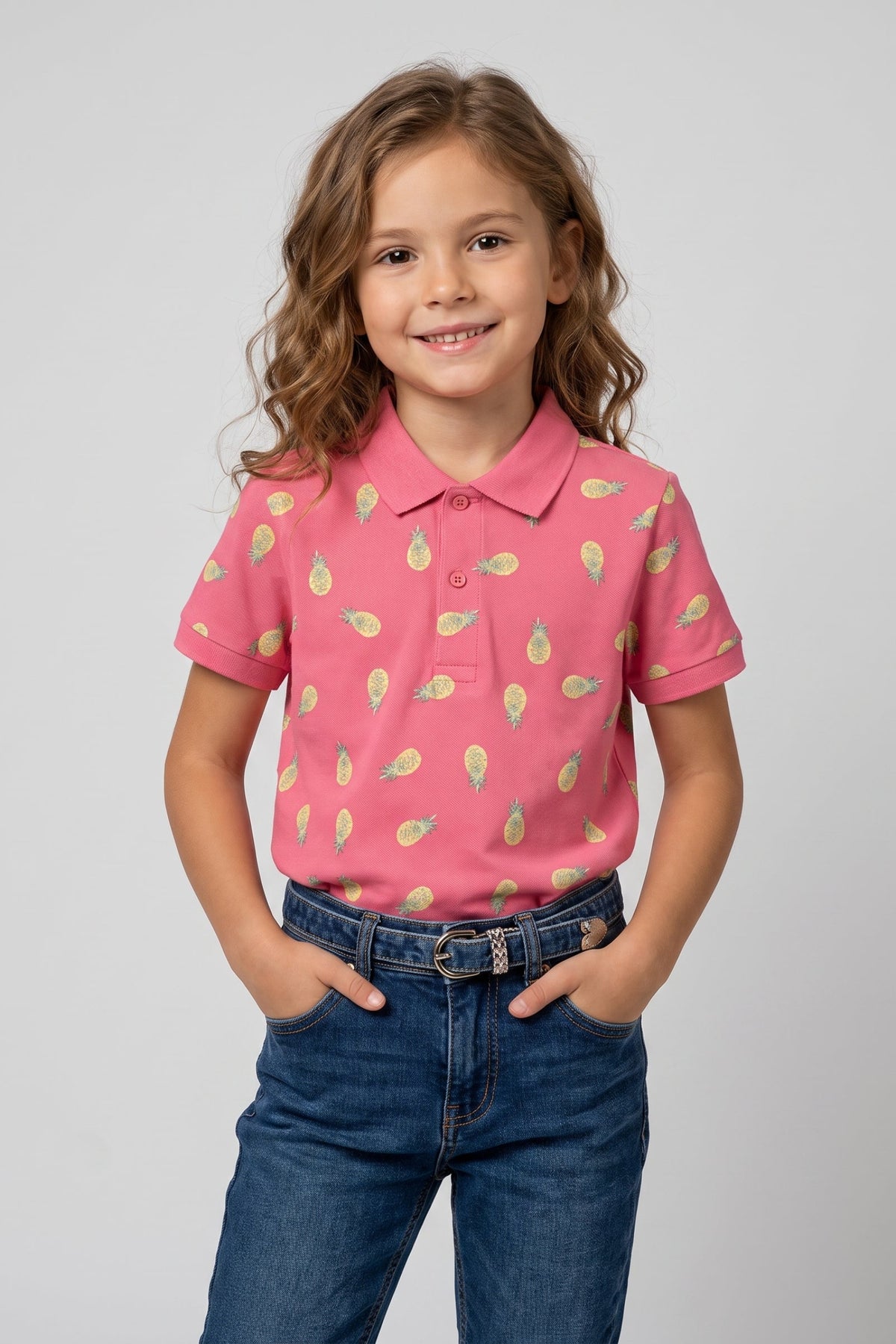Kids Print Polo T-shirt For Girls (Pink)