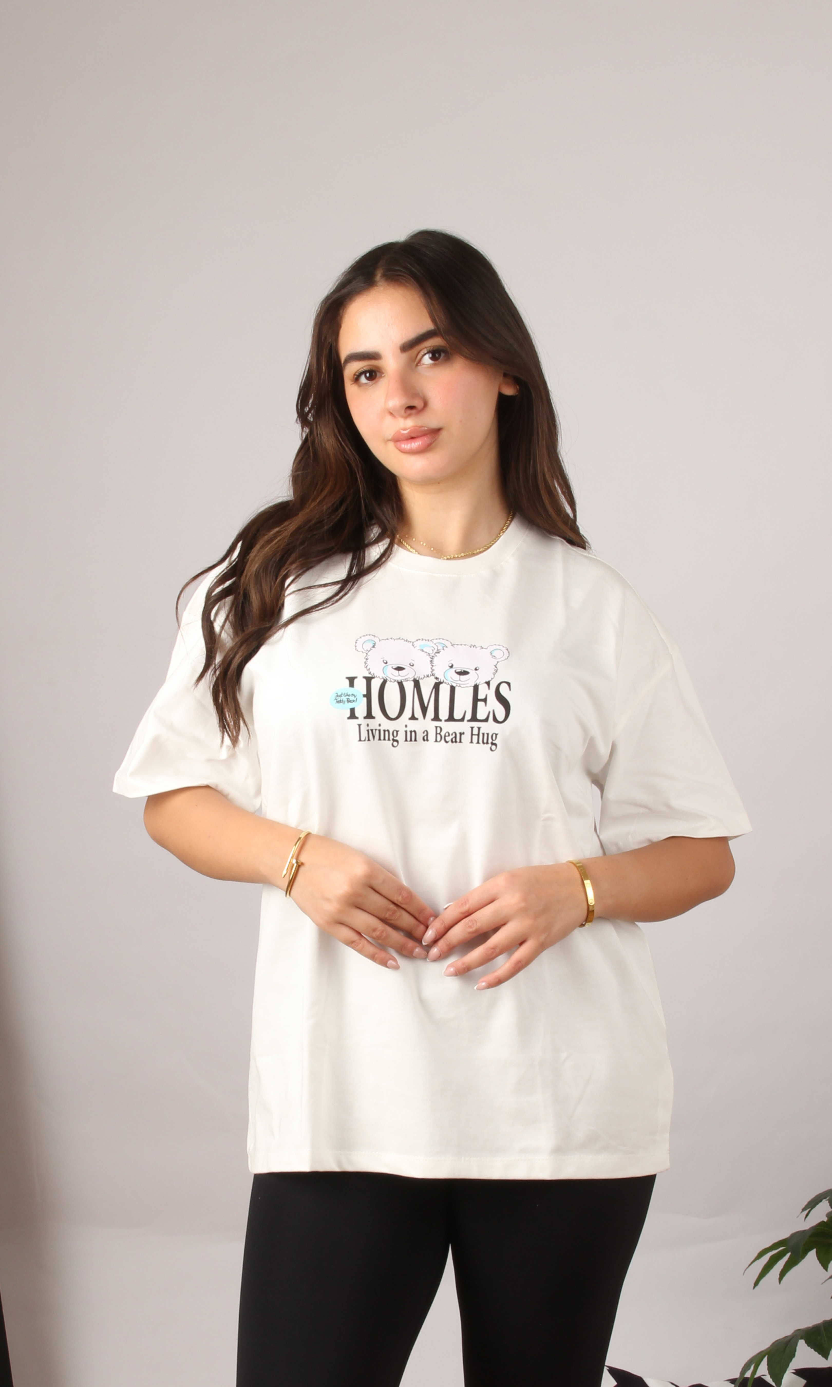 Women Oversize Print T-Shirt - Bear Home (White)