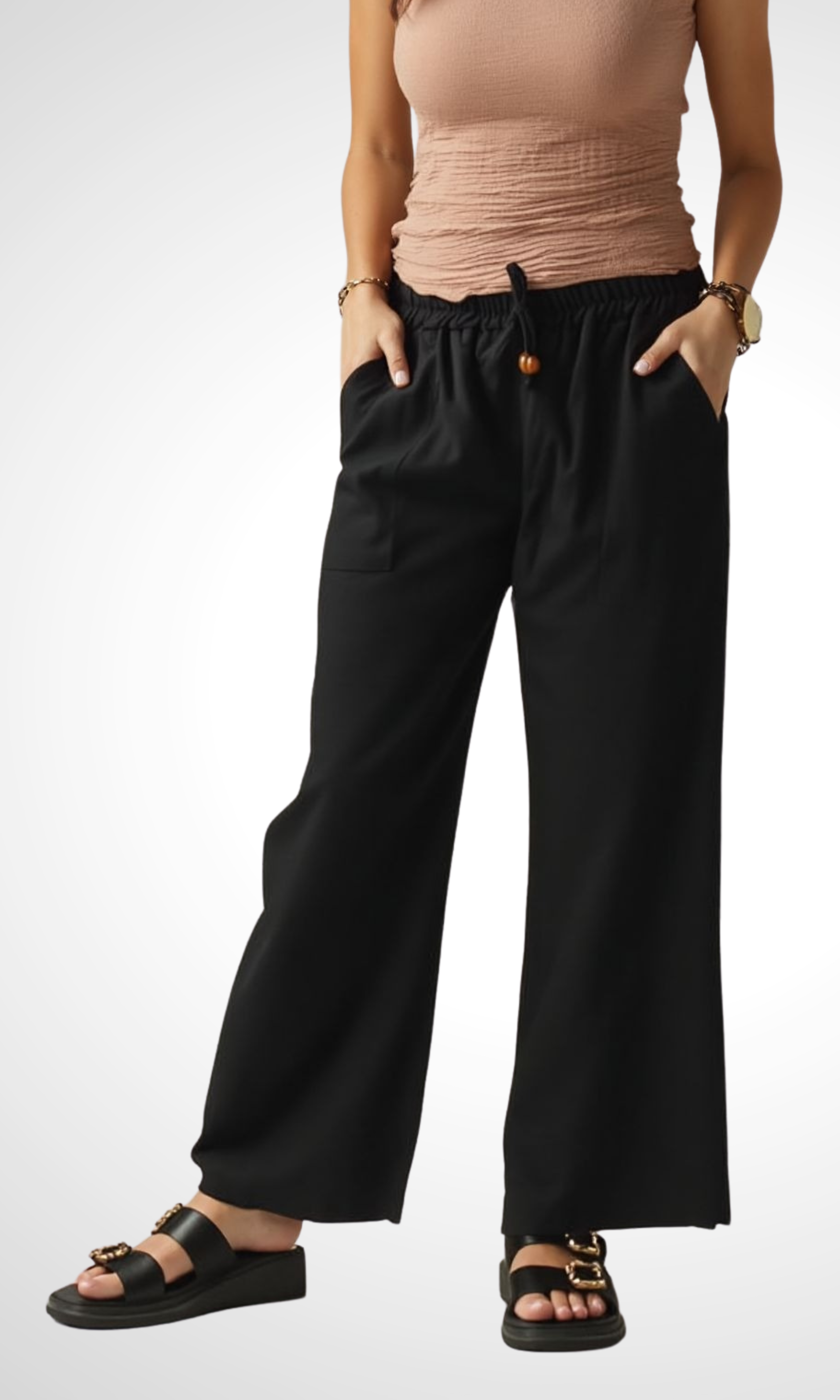 Women Wide Linen Pants (Black)