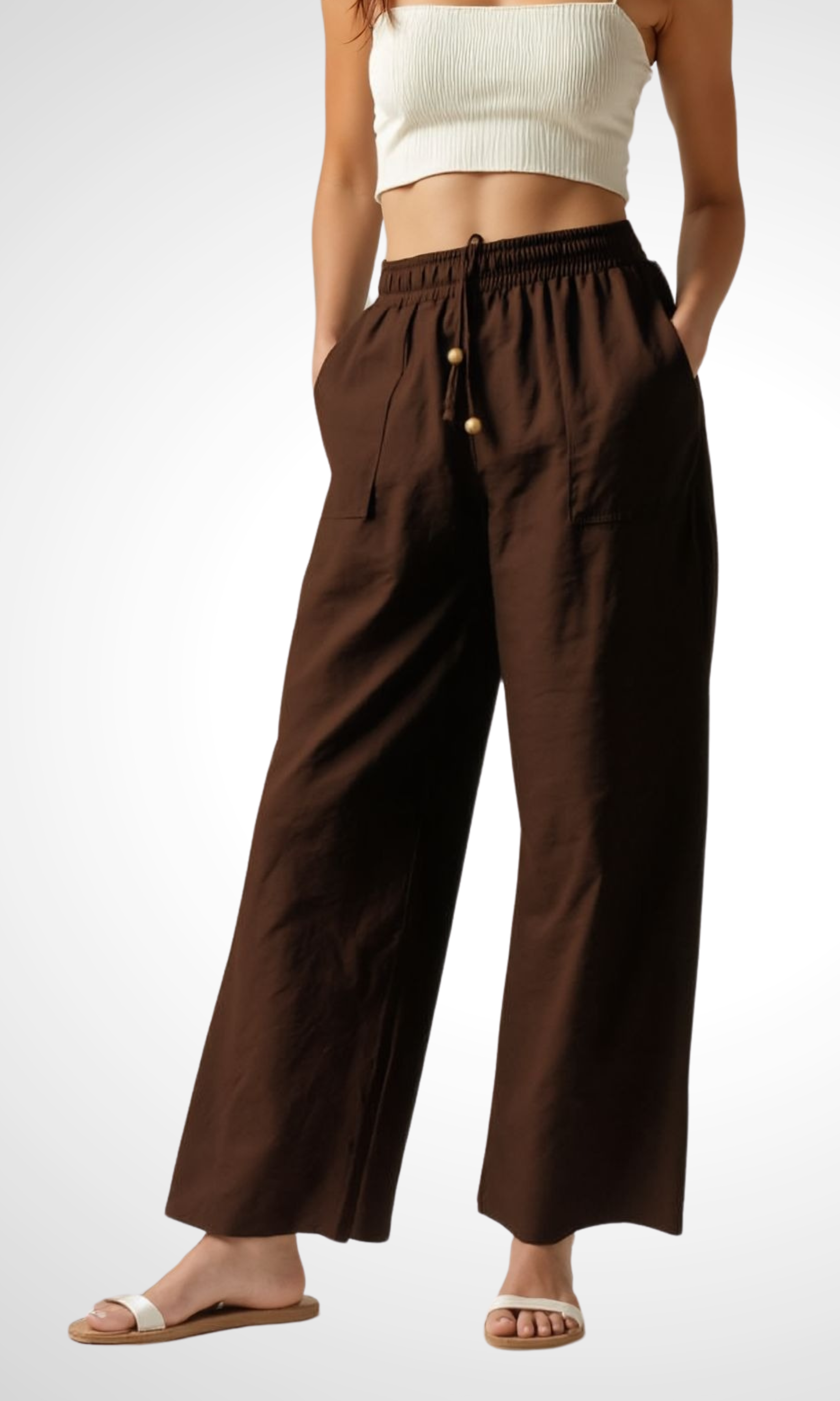 Women Wide Linen Pants (Brown)