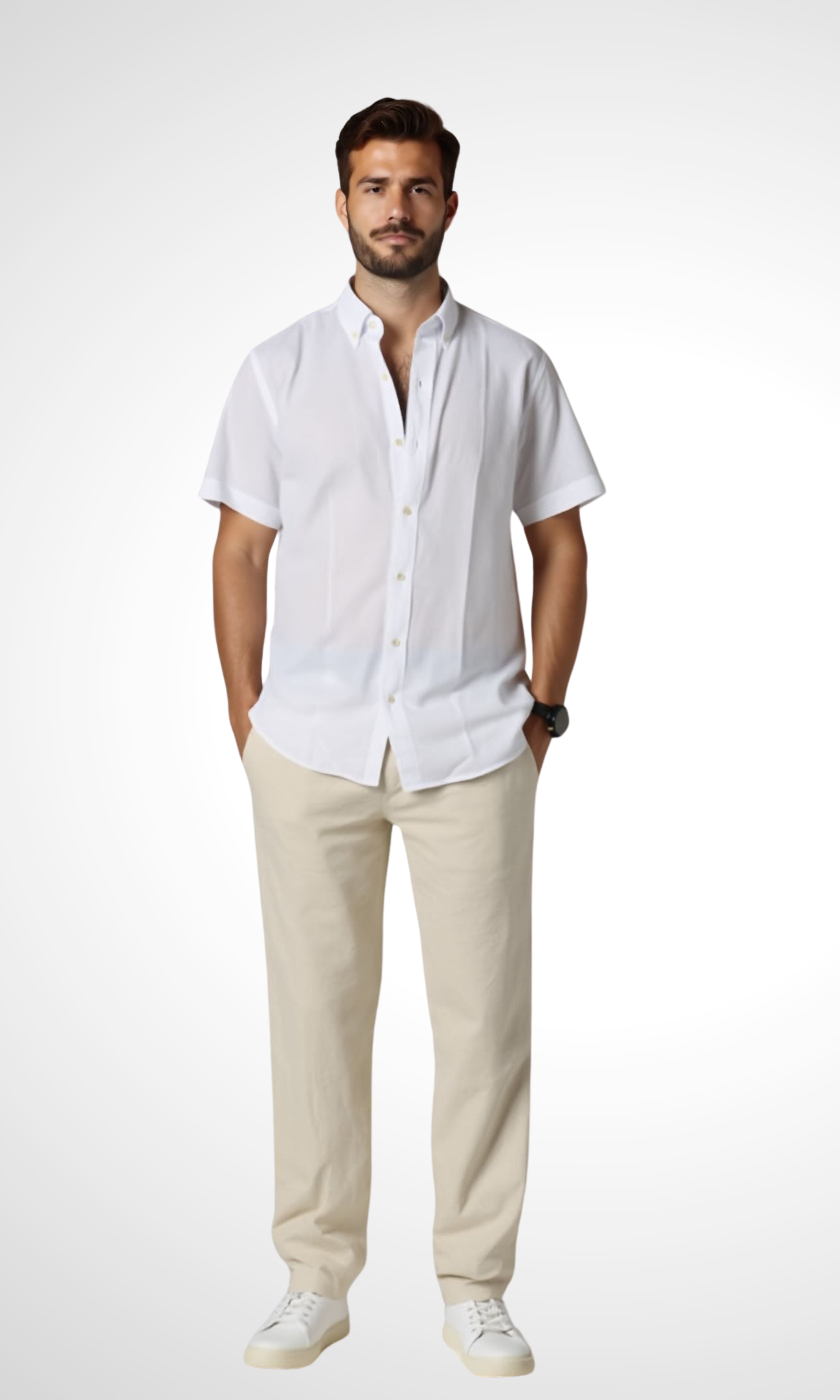 New-Men Regular Fit Short-sleeved Linen Shirt (White)