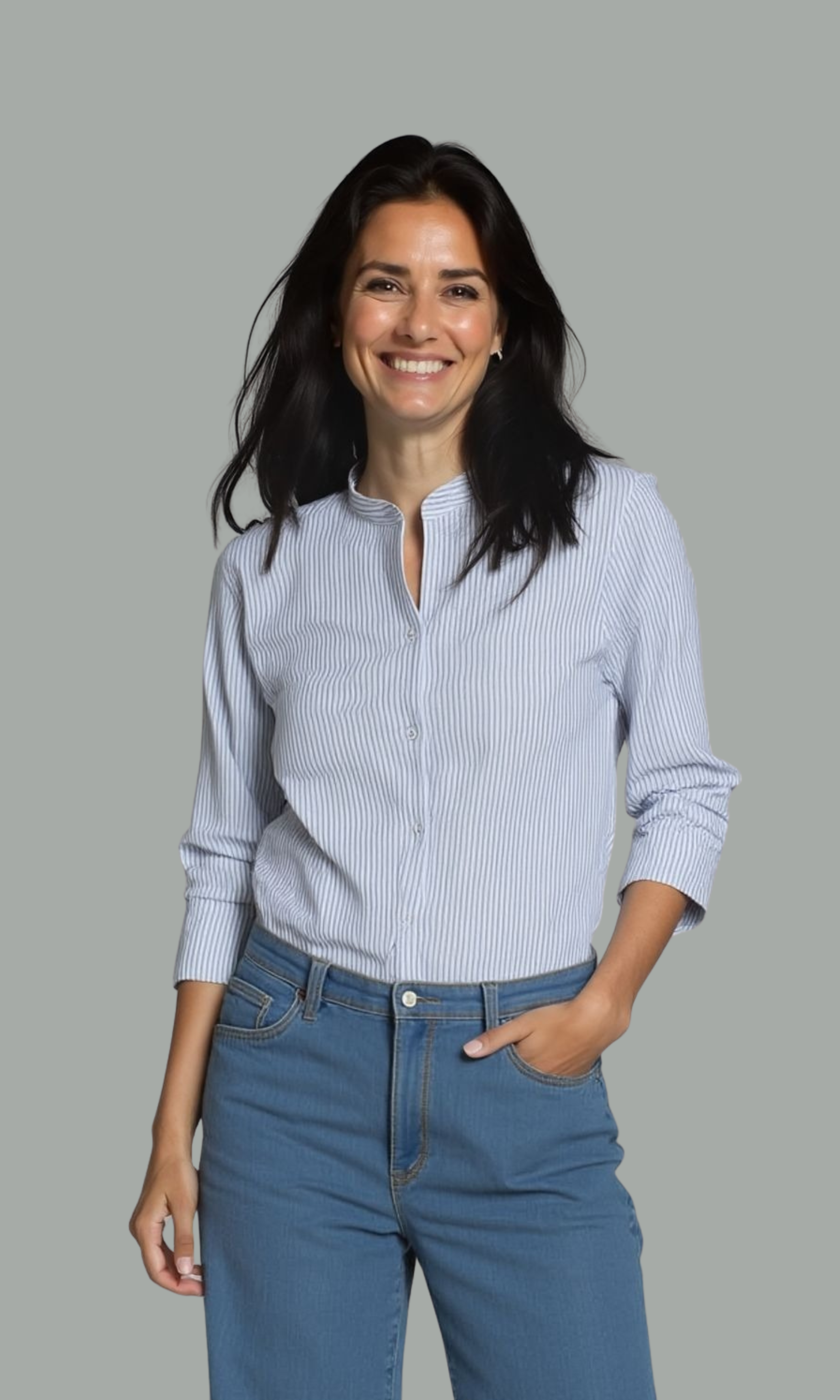Women Fancy Long Sleeve Linen Striped (Blue*White)