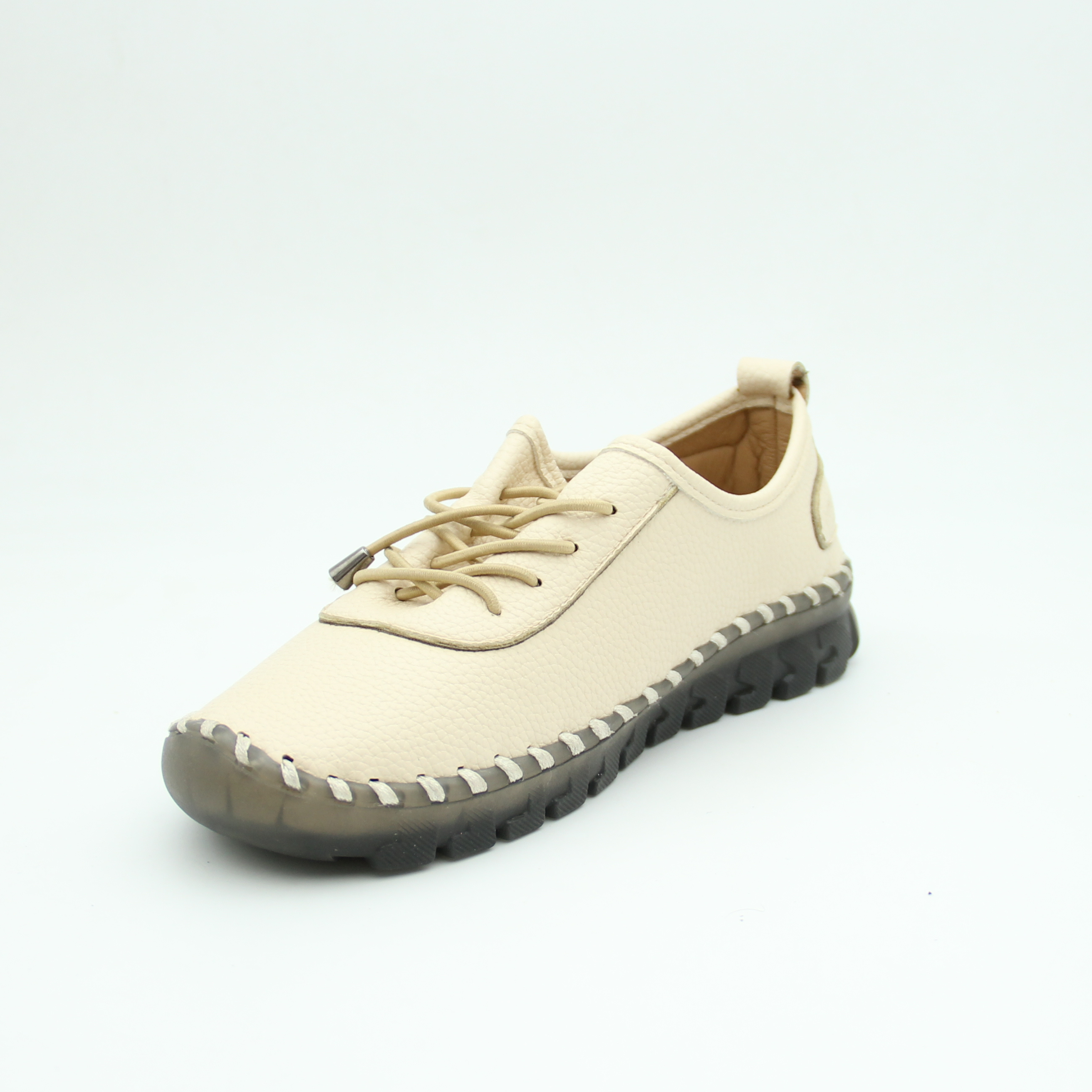 Women Casual Leather Sneaker With Non-Slip Rubber (Beige)