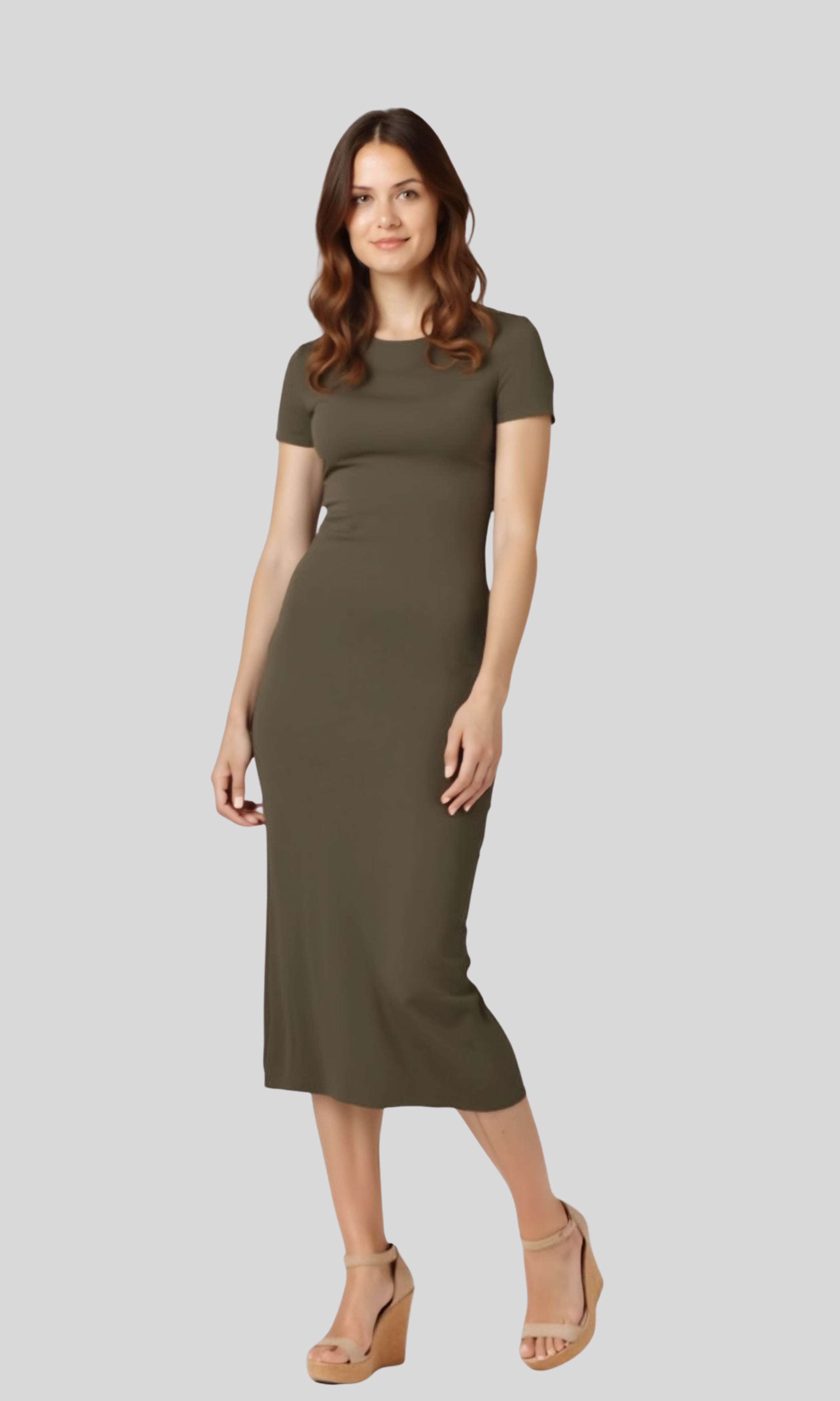 Women Midi Dress With Short Sleeves (Oil Green)