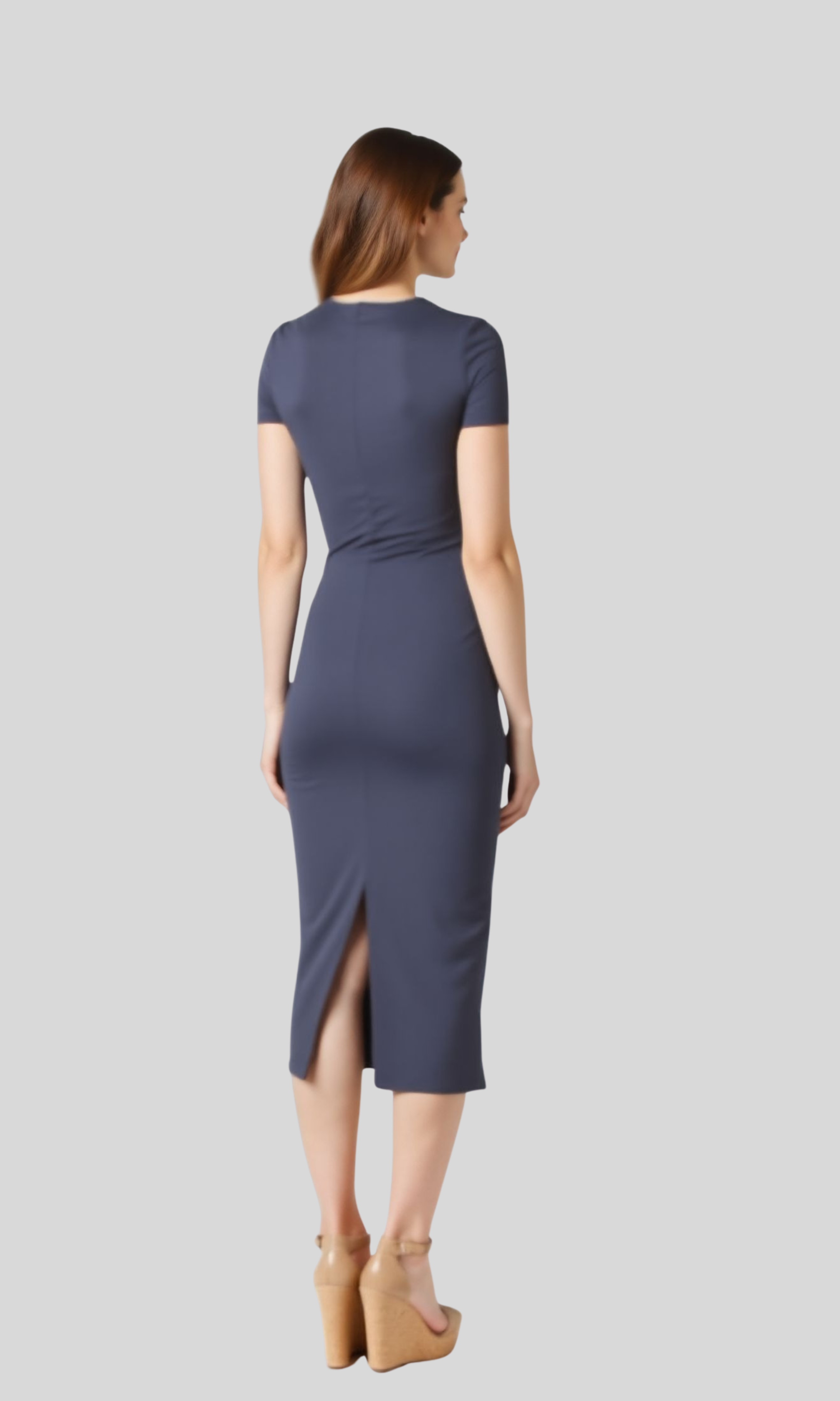 Women Midi Dress With Short Sleeves (Grey)