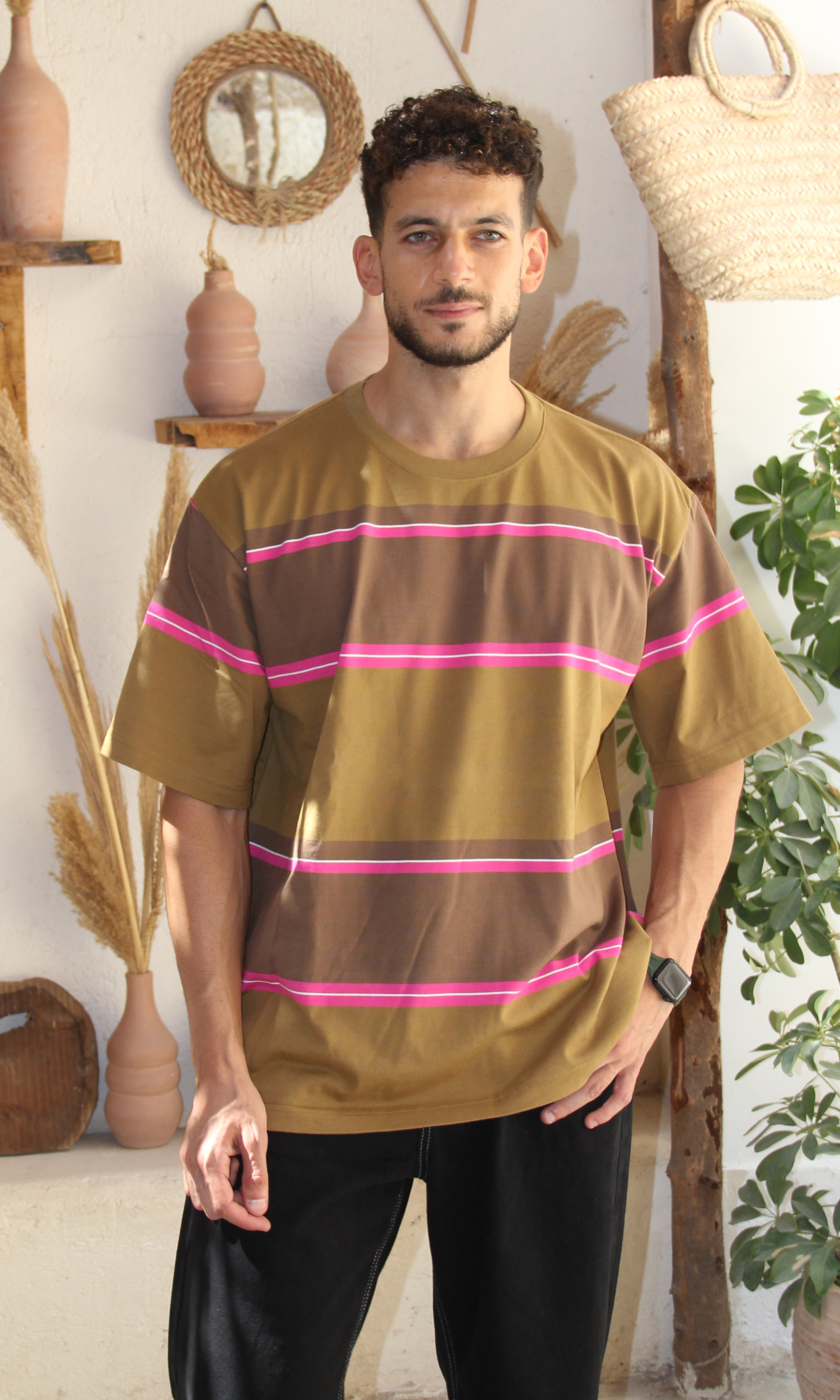 Men Striped Over Sized T-Shirt (Brown)