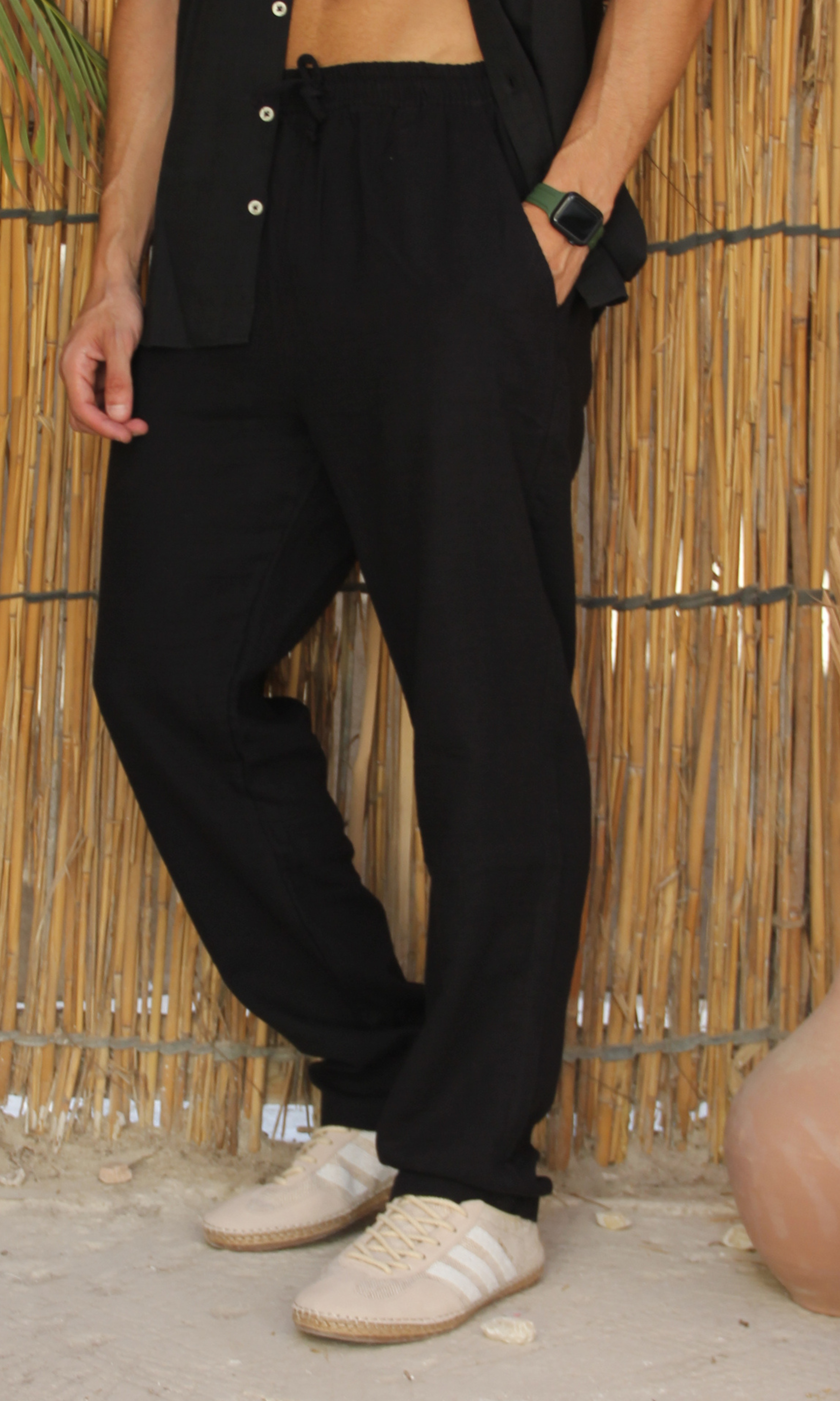 Men Linen Pants Textured Trouser (Black)