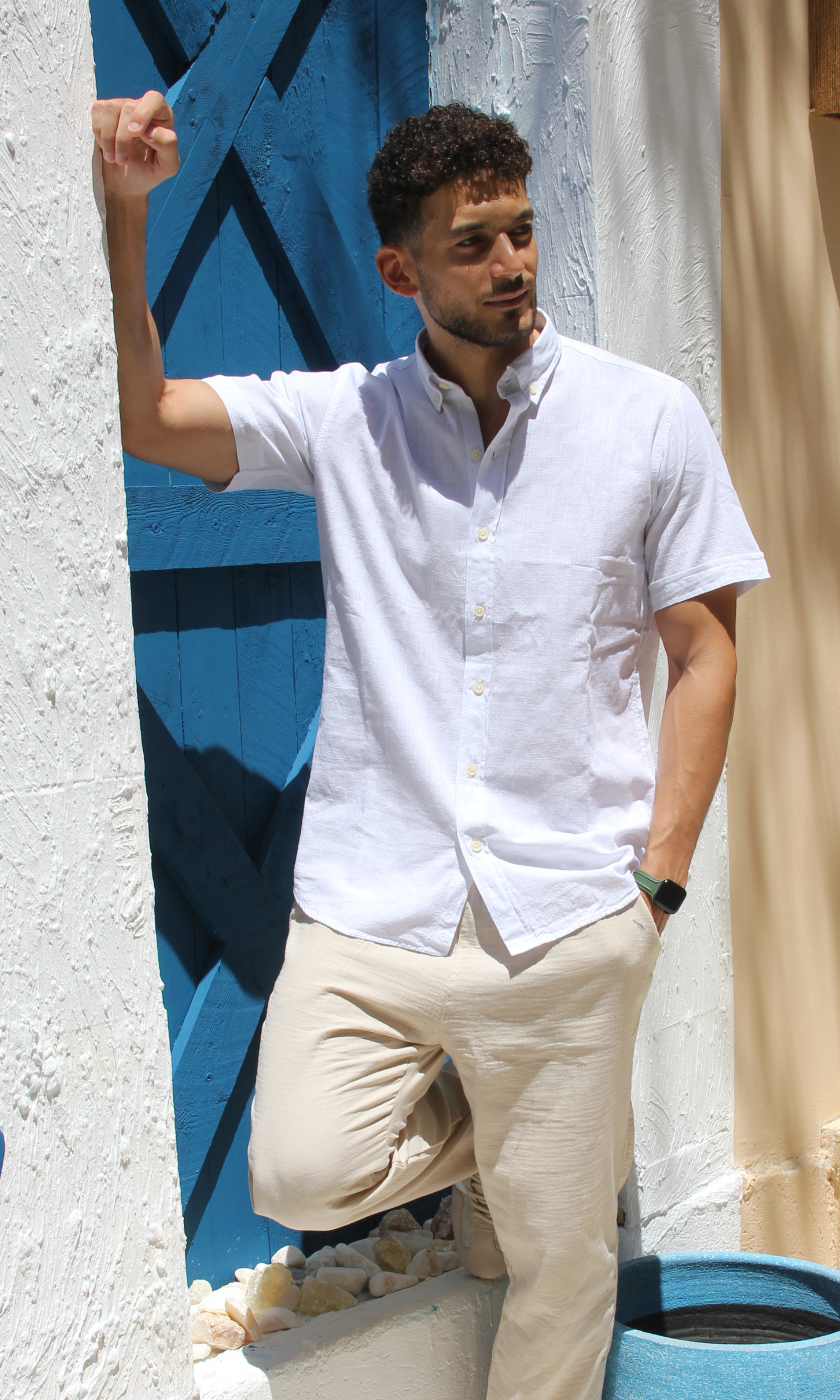 New-Men Regular Fit Short-sleeved Linen Shirt (White)