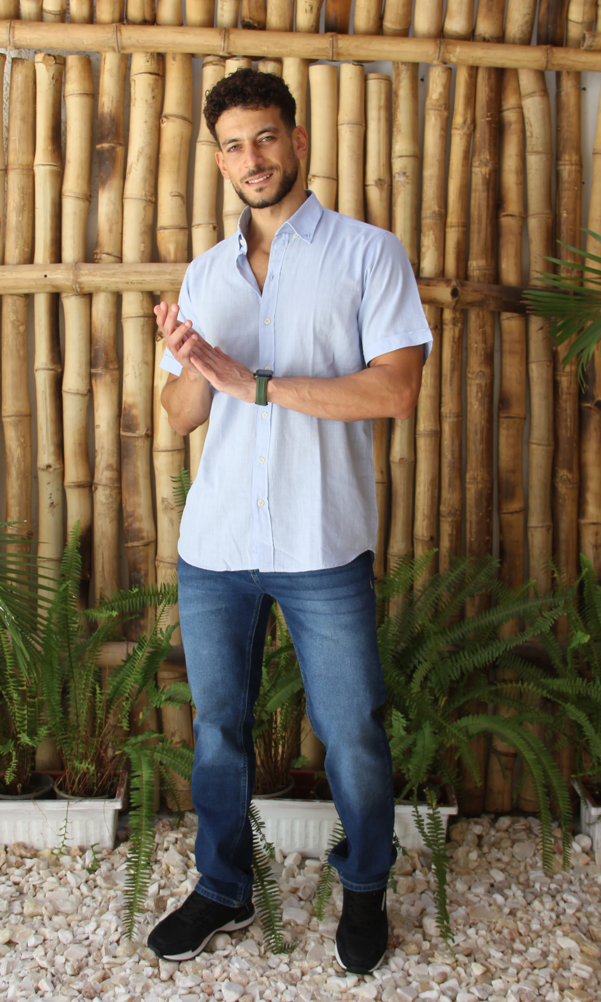 New-Men Regular Fit Short-sleeved Linen Shirt (Baby Blue)