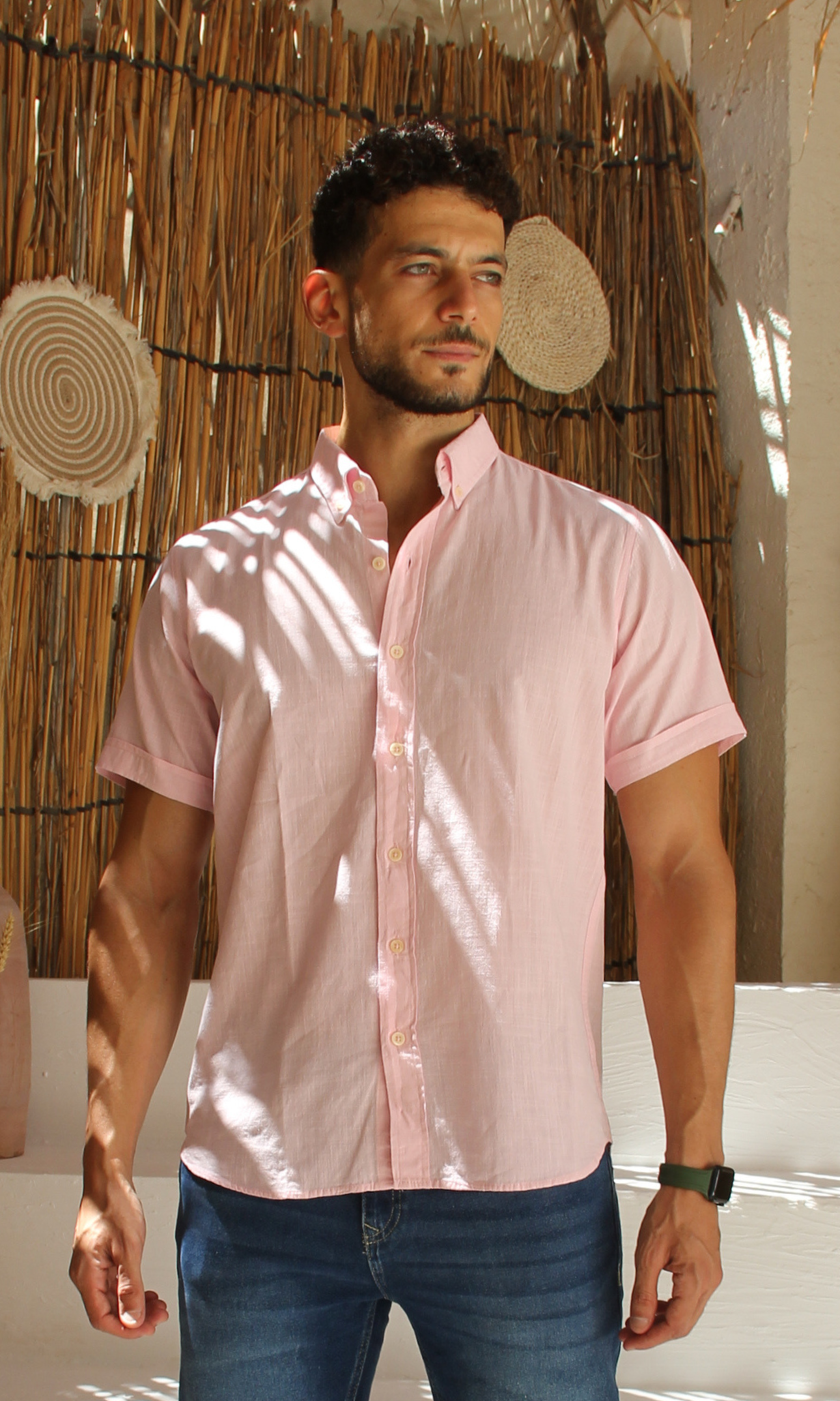 New-Men Regular Fit Short-sleeved Linen Shirt (Pink)