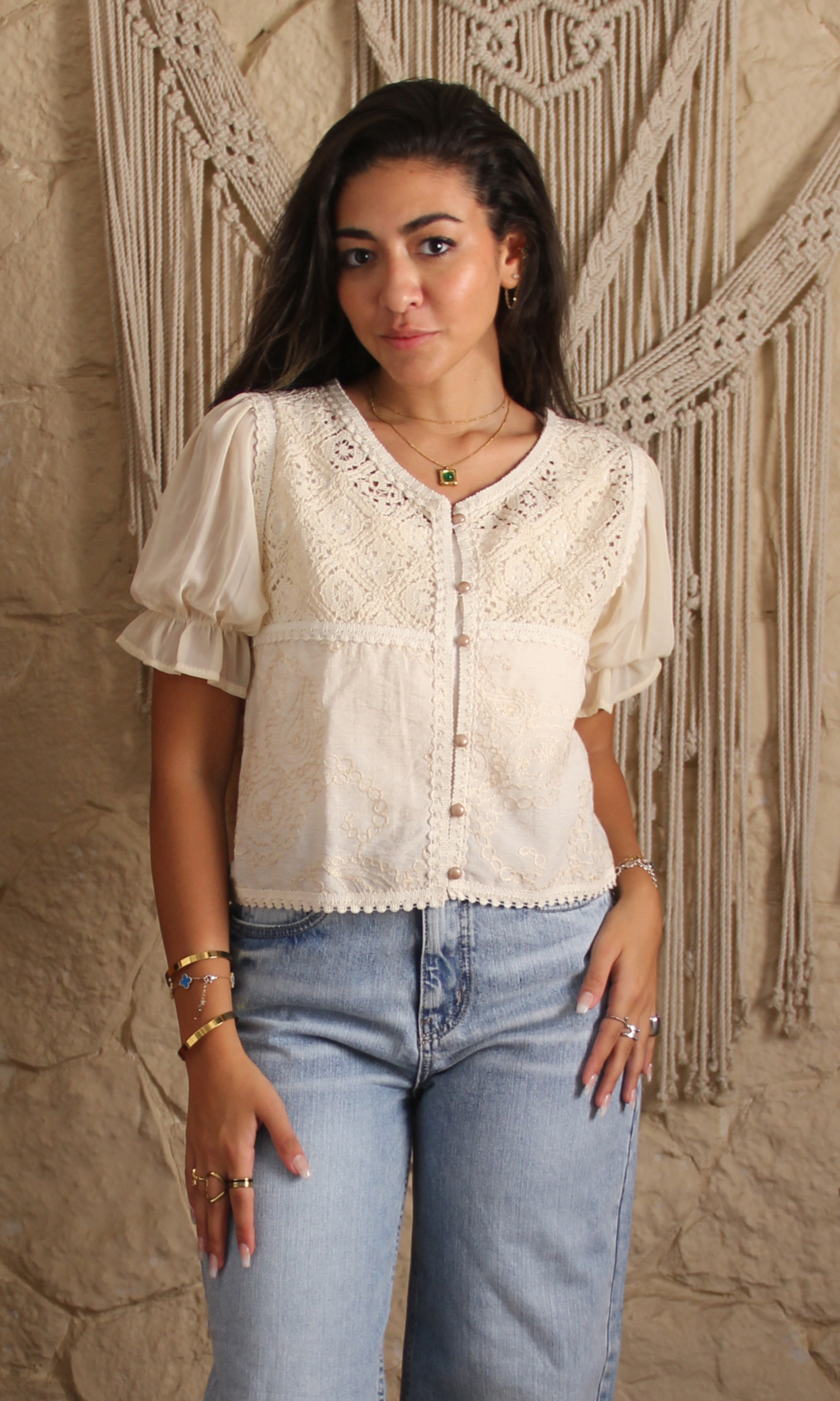 Women Mesh Short Sleeve Crop Cardigan (Beige)