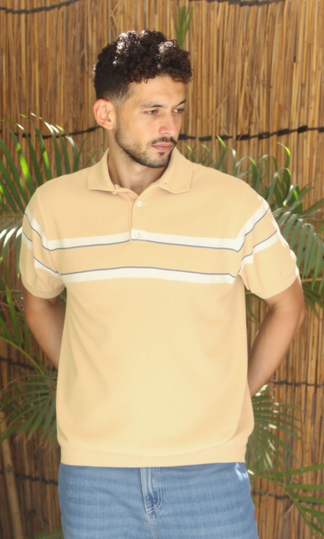 Men Knitted Striped T-Shirt (Beige)