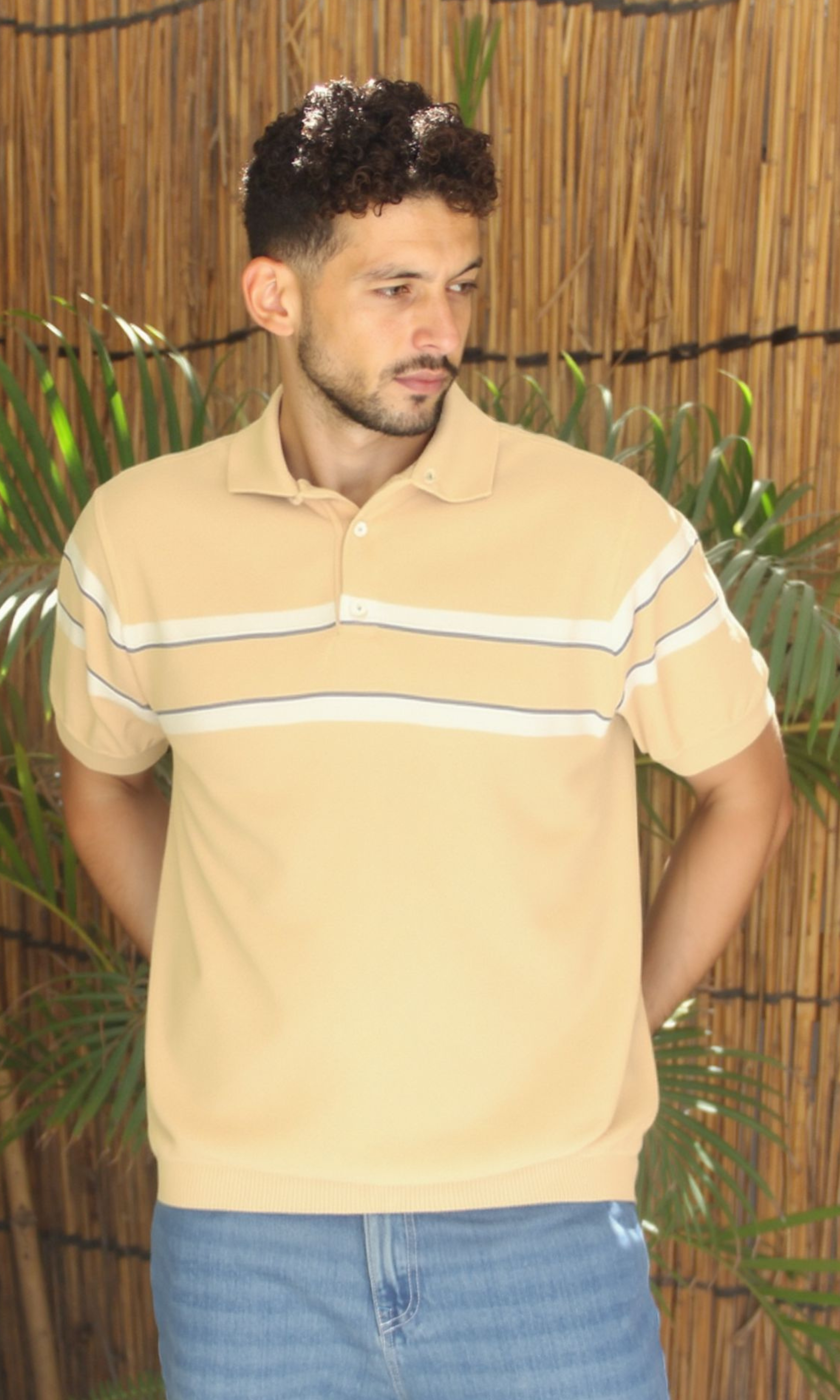 Men Knitted Striped T-Shirt (Beige)