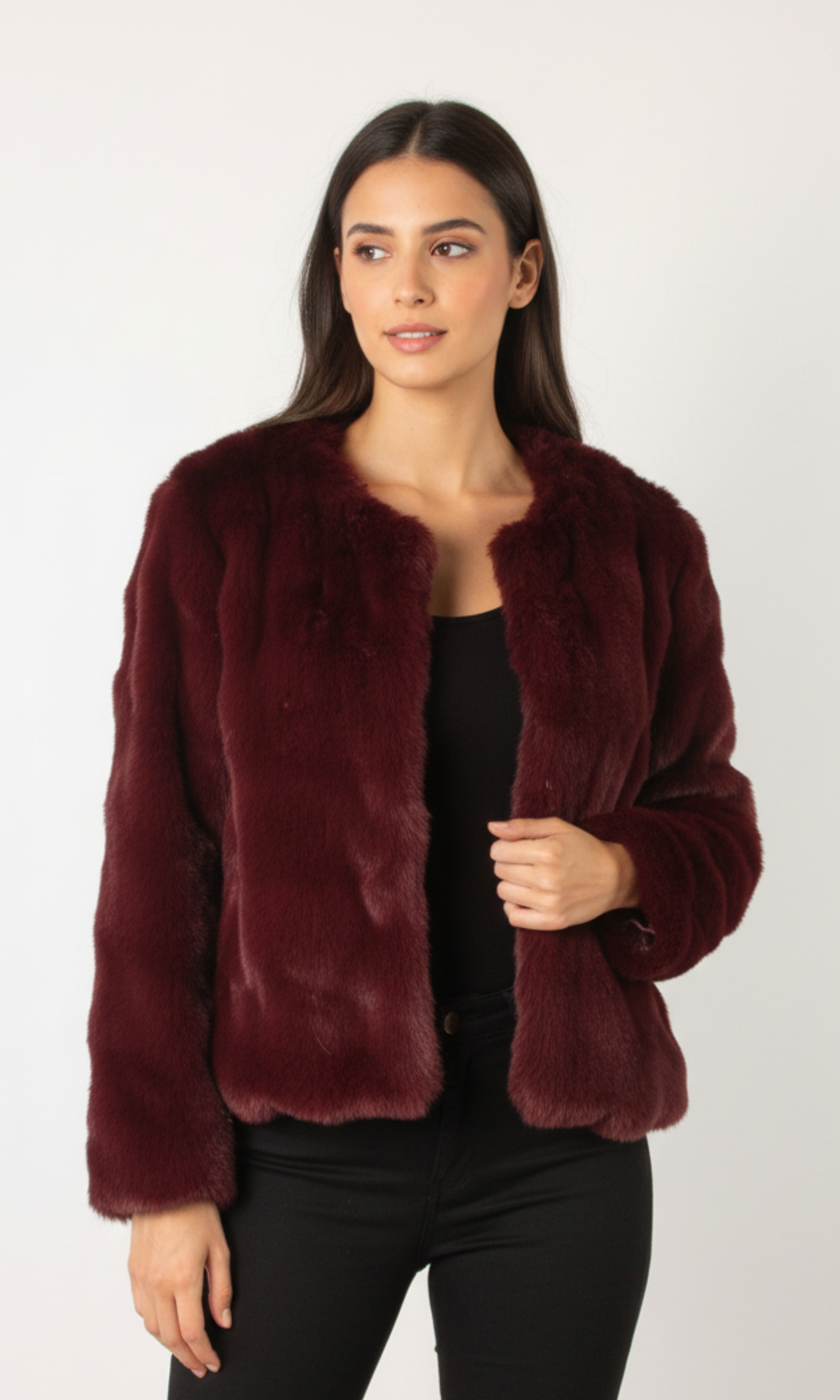 Women Collarless Fur Jacket