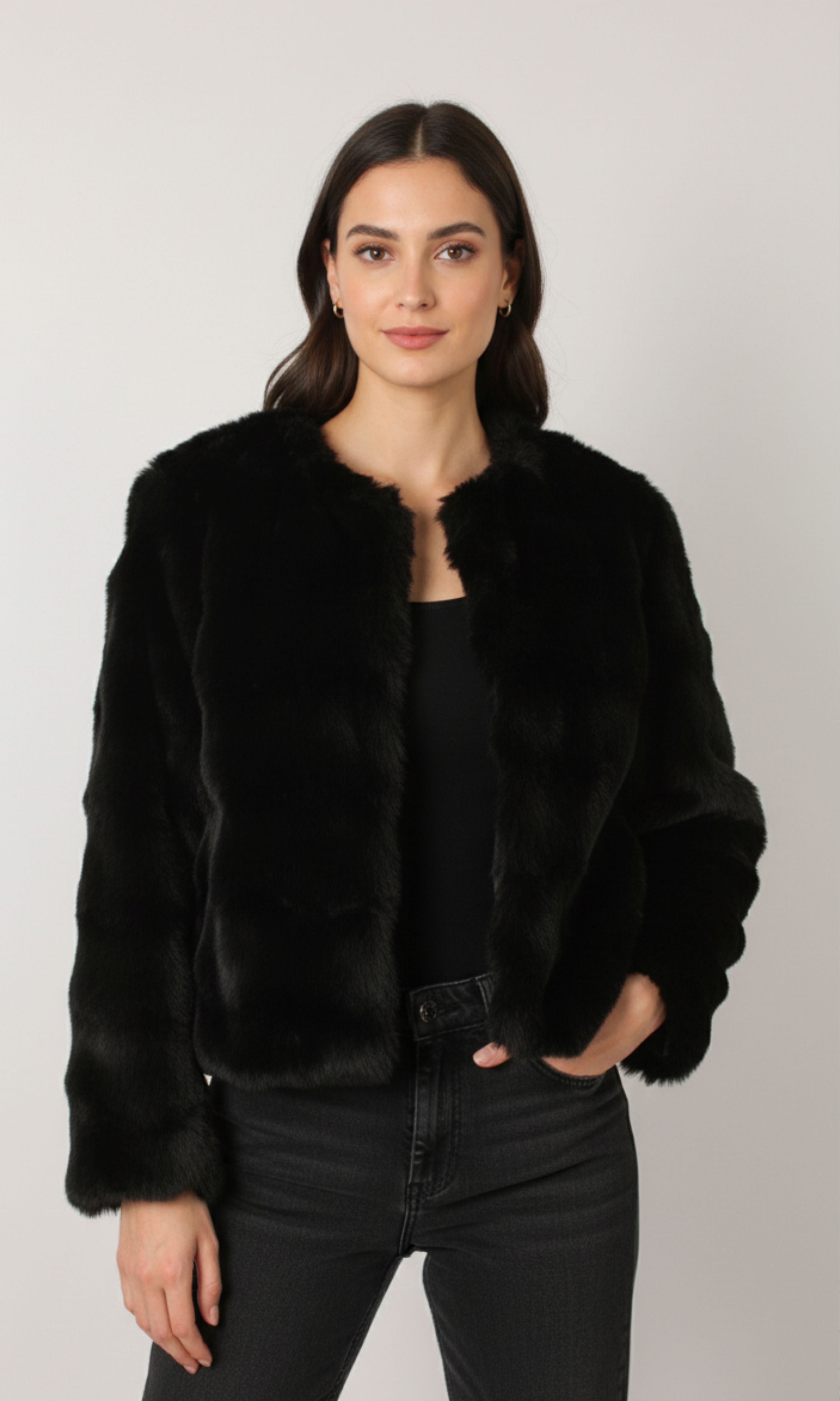 Women Collarless Fur Jacket