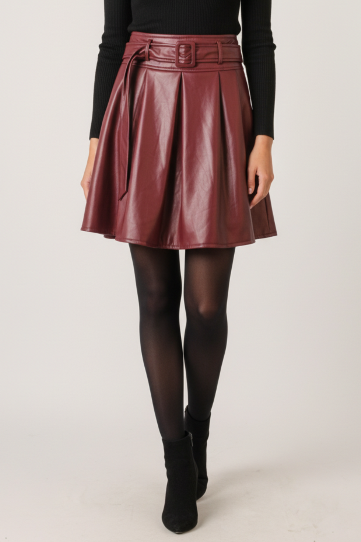 Women High Waist Leather Pleated Belted Skirt