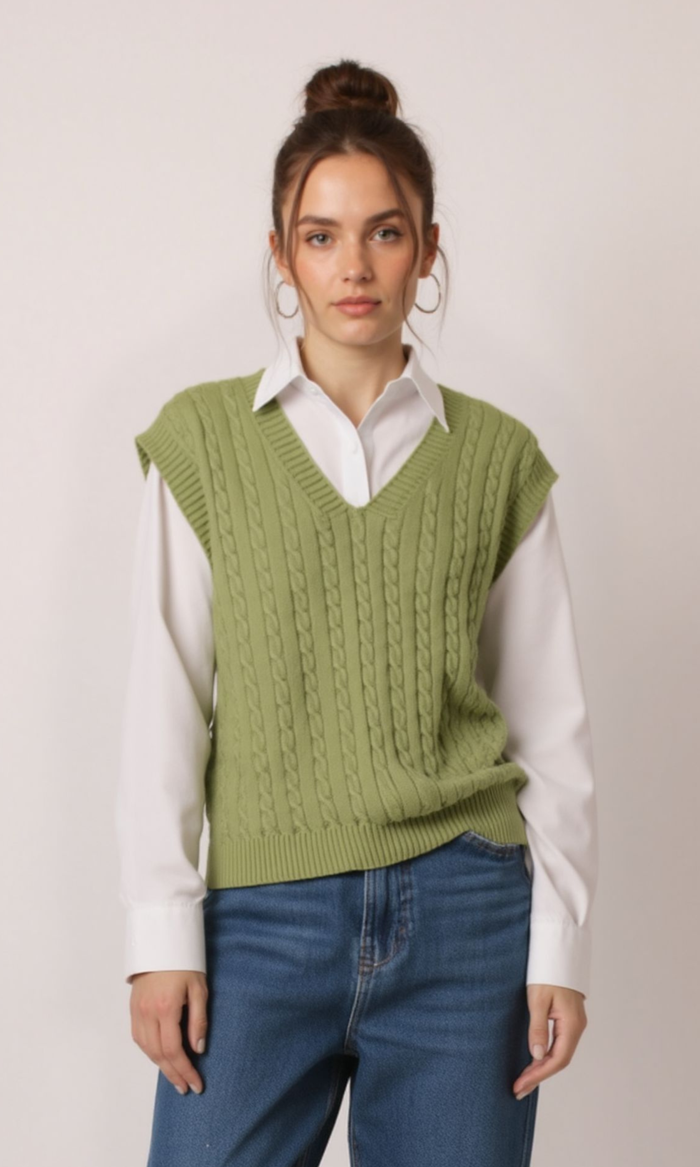 Women V-Neck Cable Knit Vest