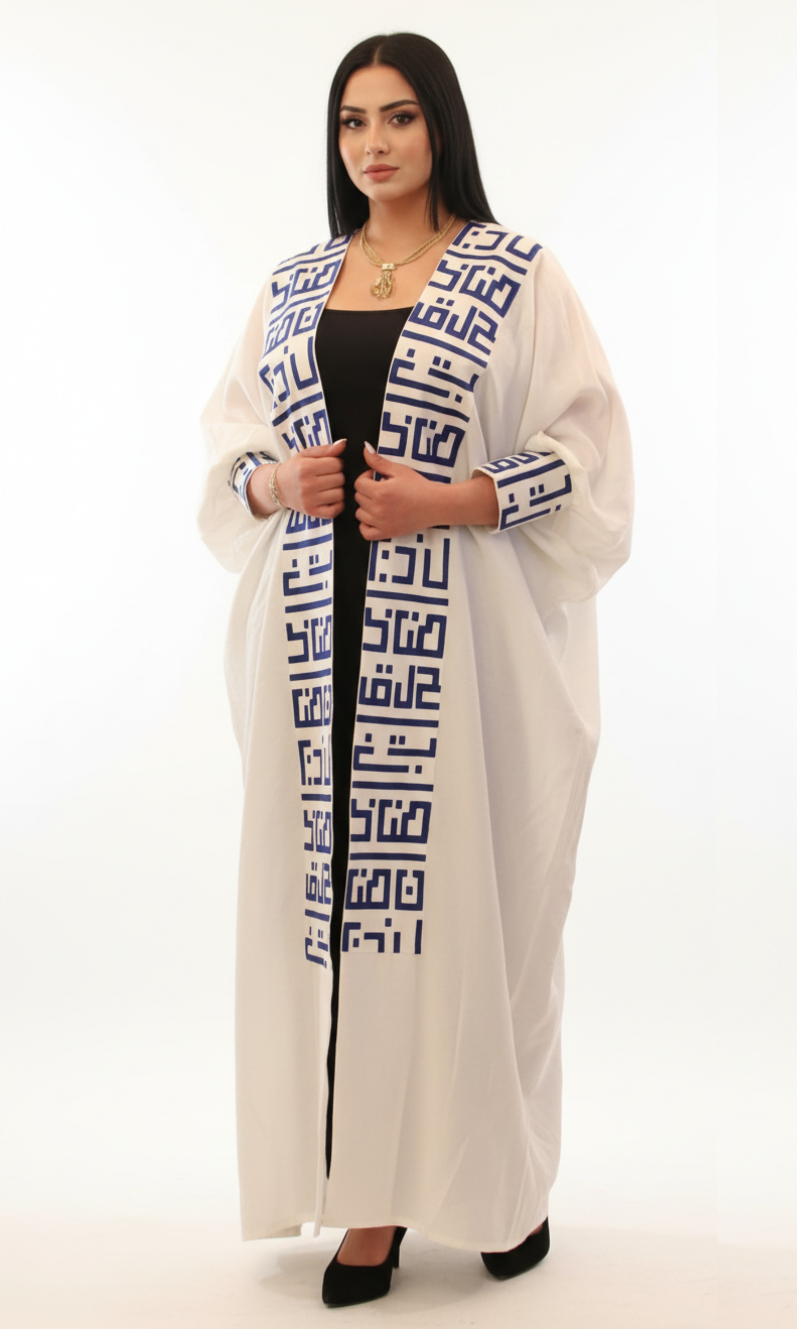 Women Arabic calligraphy Kaftan (White-Navy)