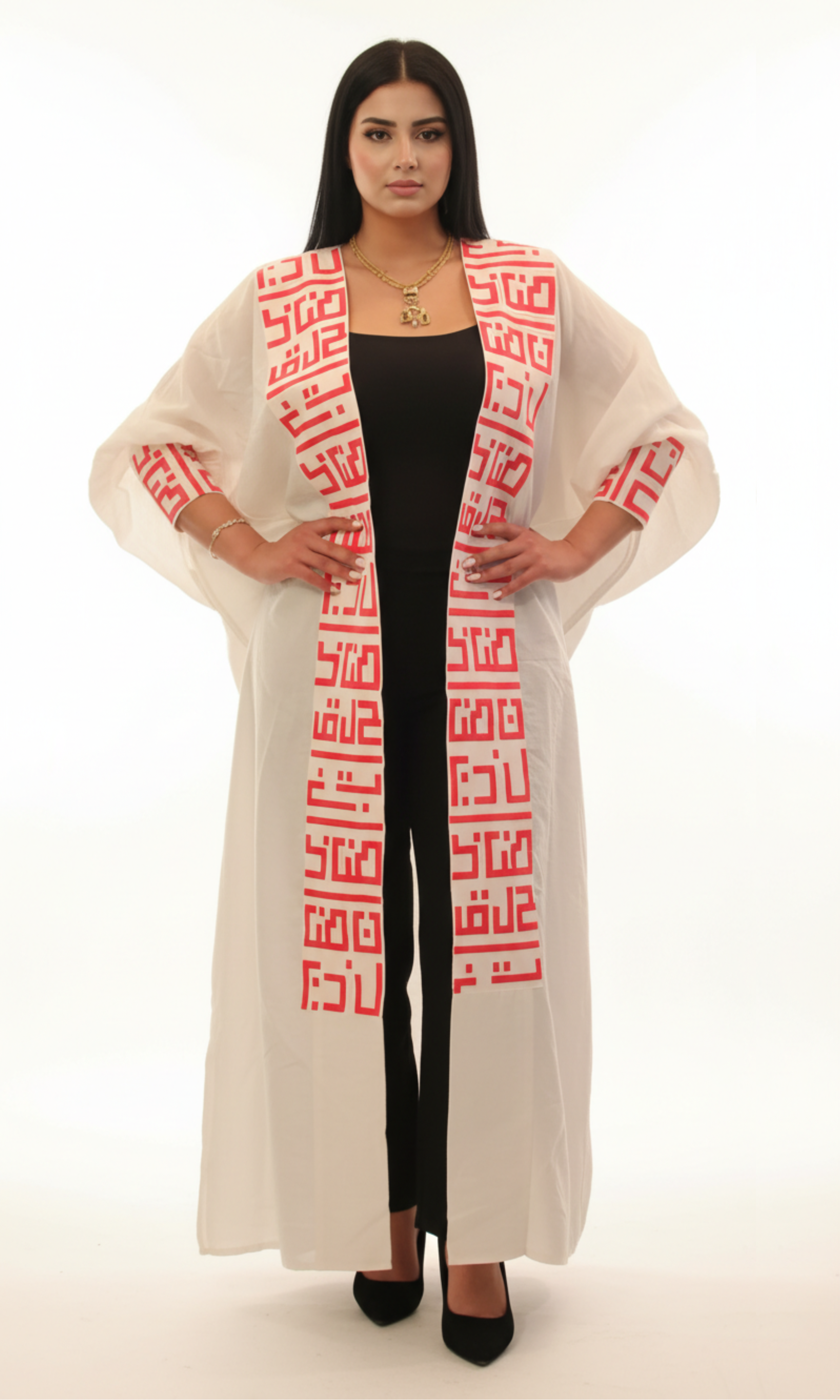 Women Arabic calligraphy Kaftan (White-Pink)