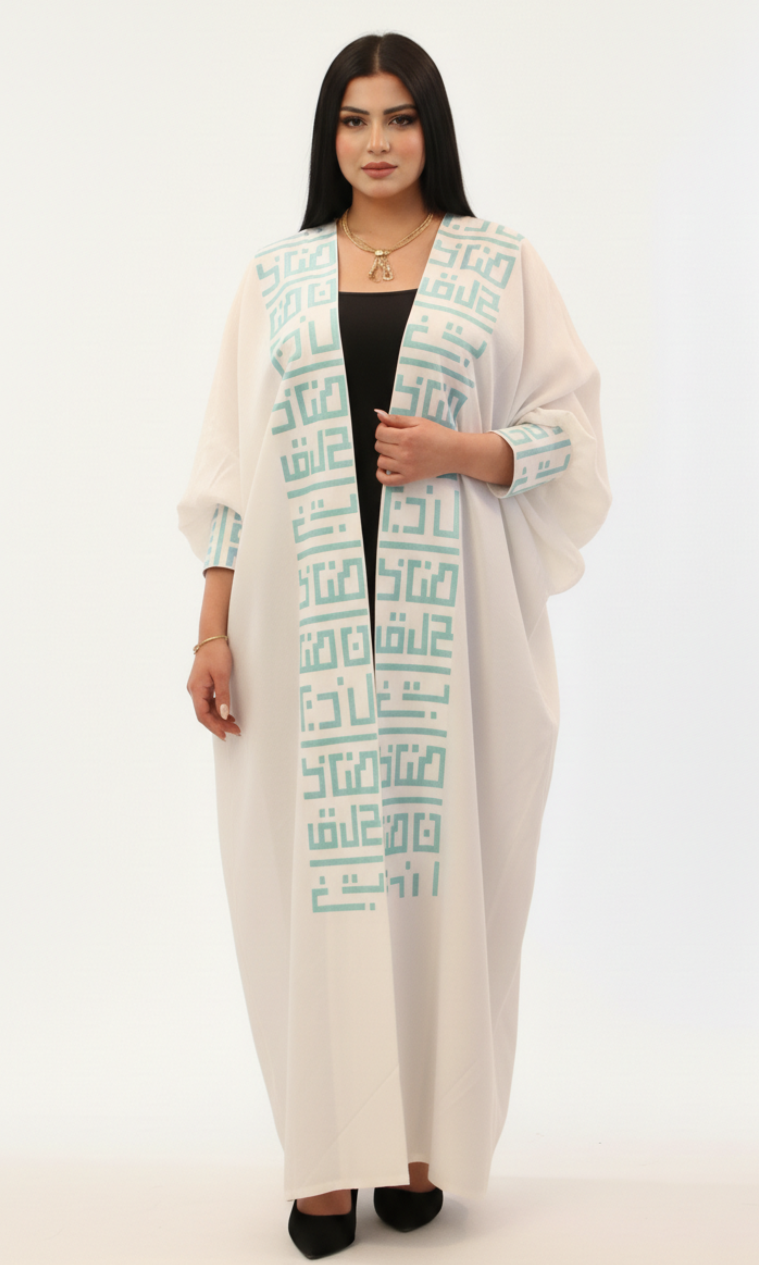 Women Arabic calligraphy Kaftan (White-Mint)