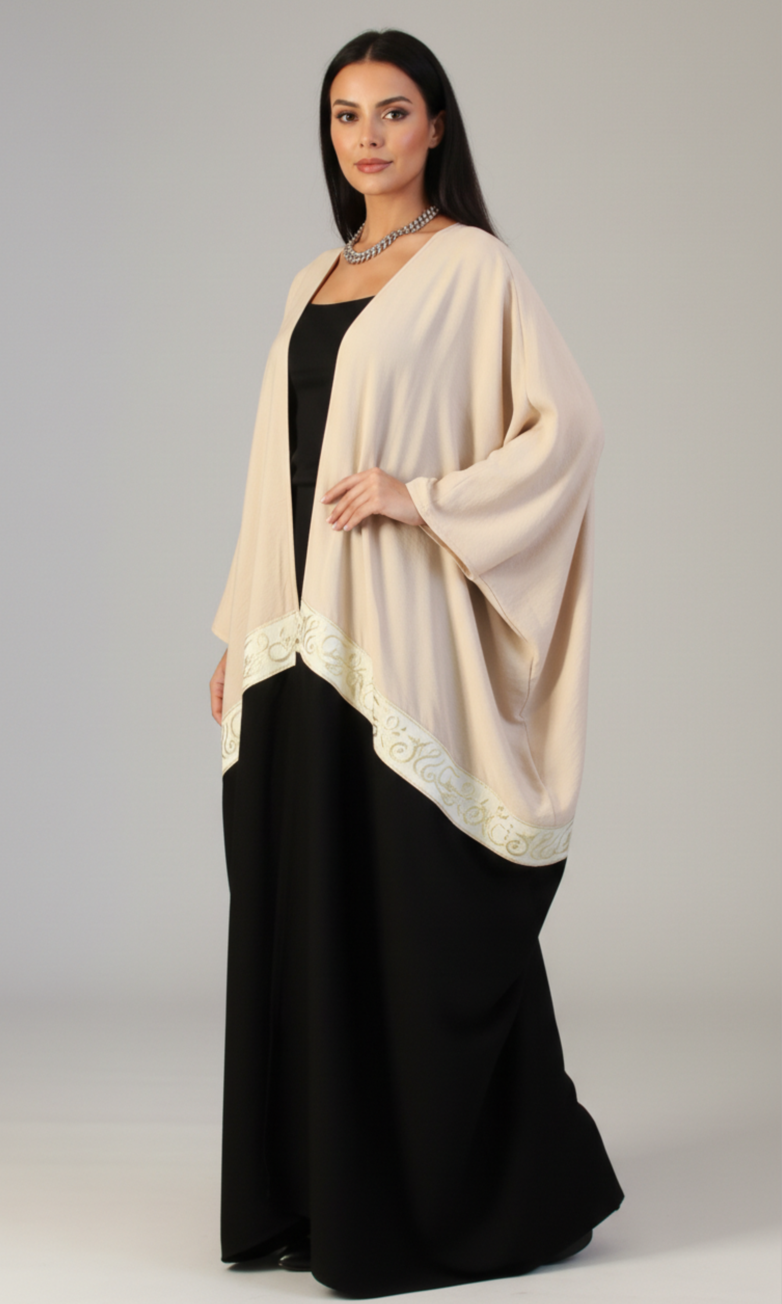 Women Open Front Kaftan (White*Beige)